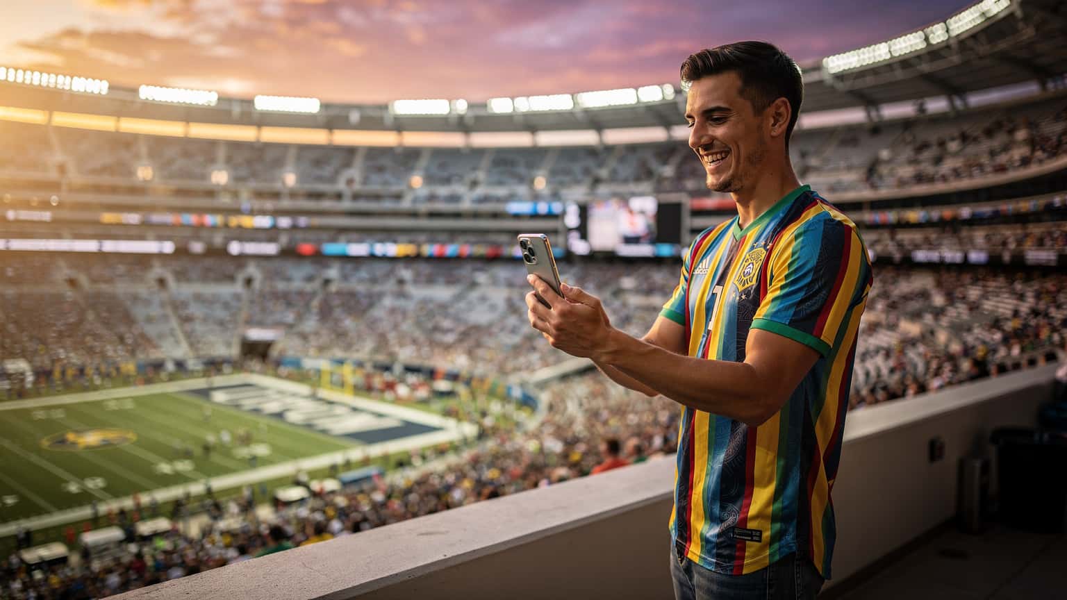 Una persona con una camiseta de fútbol latinoamericana, sonriendo mientras mira su Samsung Galaxy S26 en la mano, con un estadio de fútbol americano de fondo durante el atardecer.
