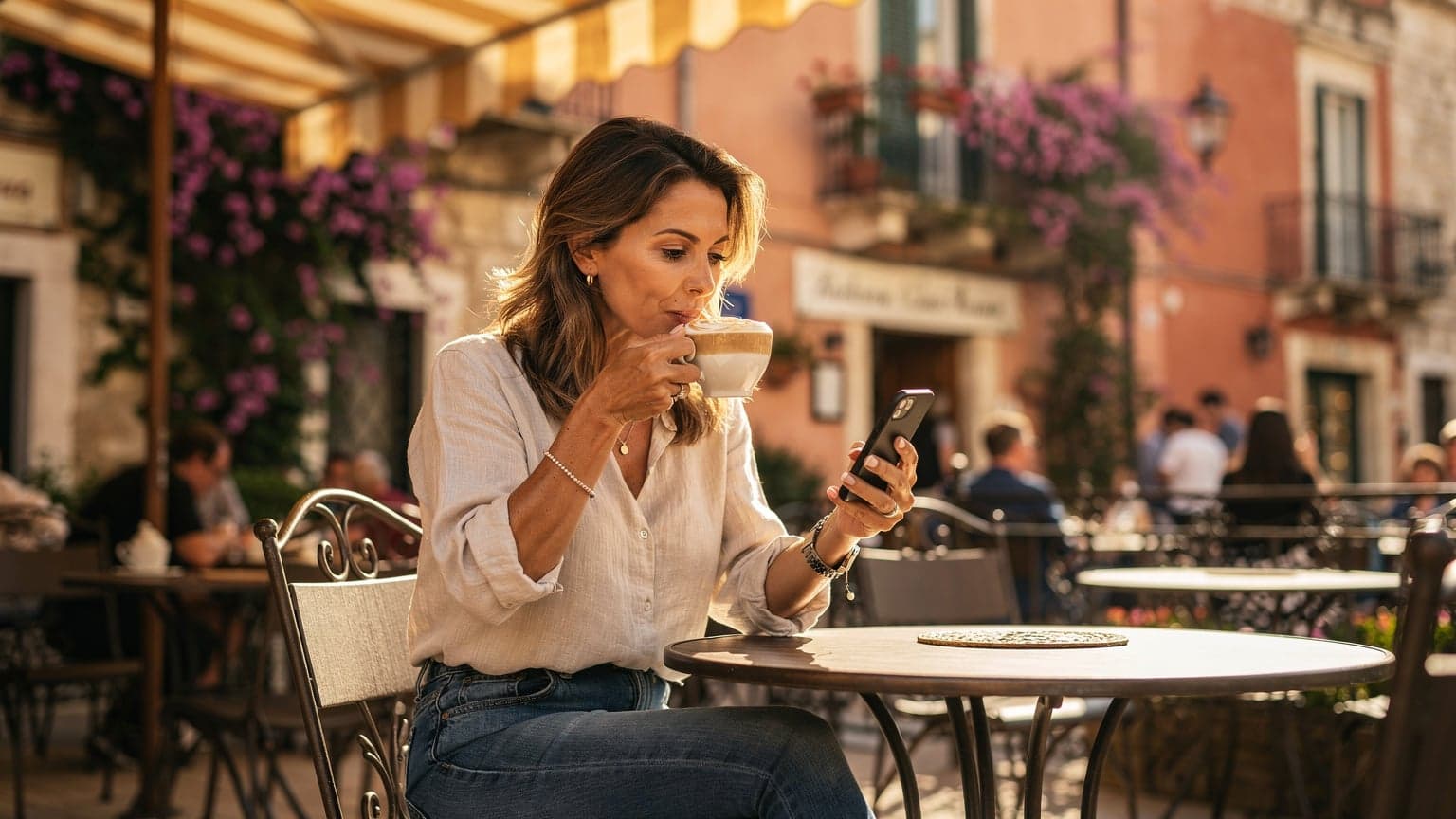 En kvinne sitter ved et kafébord på en solfylt terrasse i en middelhavsby, nipper til kaffe mens hun sjekker sin smarttelefon, med en pakke eSIM-kort synlig på bordet ved siden av passet hennes.