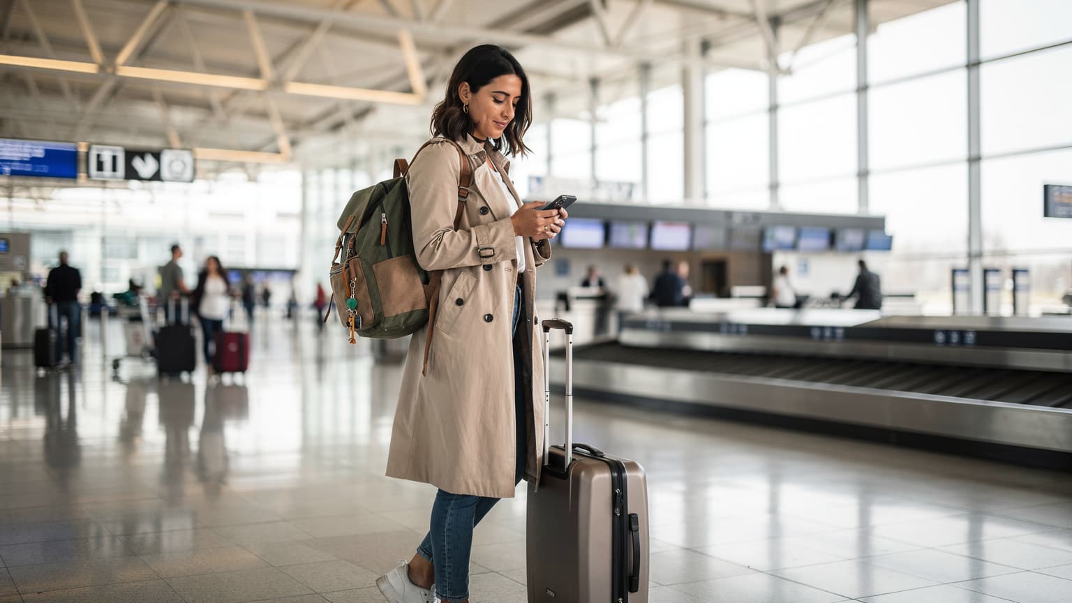 Una viajera española consulta su teléfono inteligente en la terminal de llegadas del Aeropuerto Internacional Logan de Boston, con maletas y otros pasajeros de fondo, bajo una luz suave y difusa de la mañana.