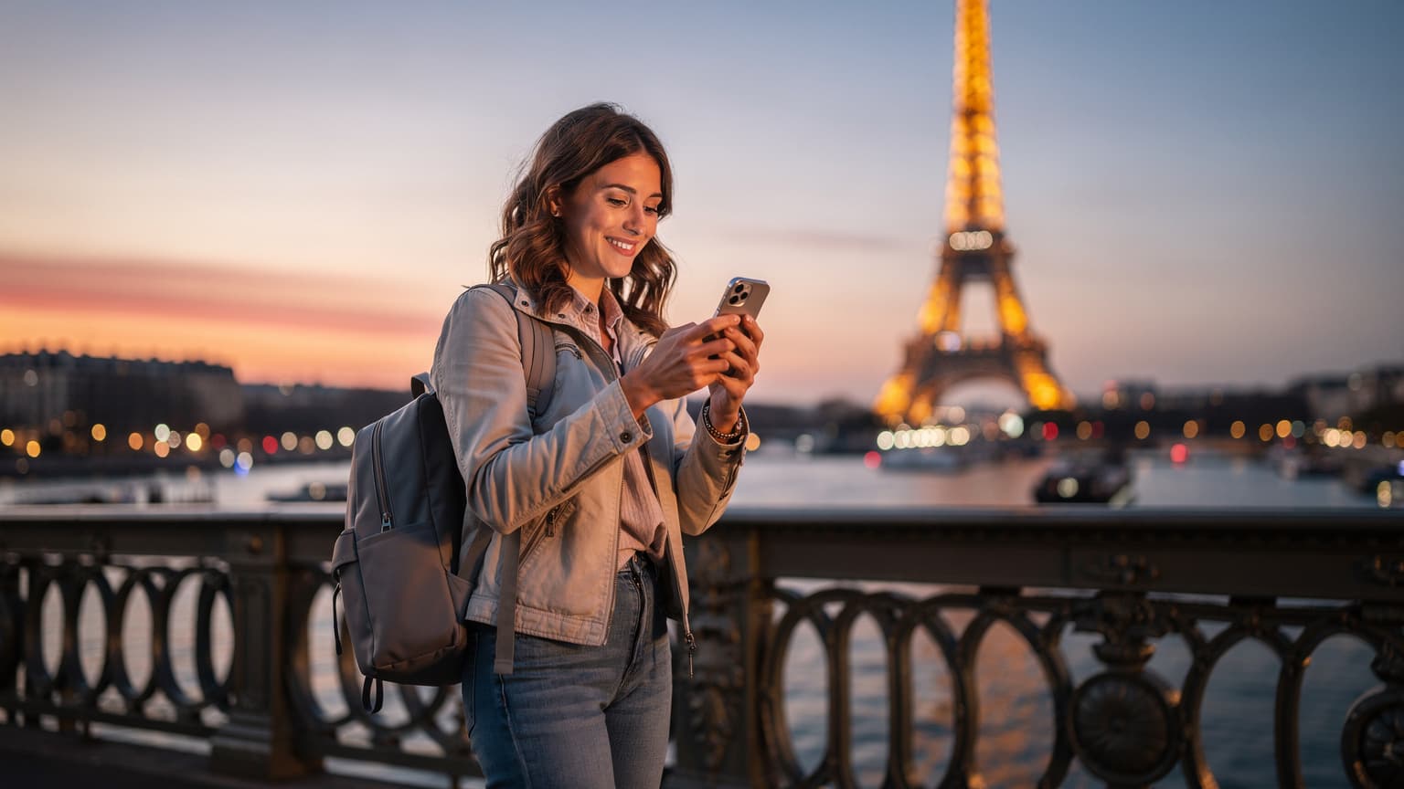 Une voyageuse souriante consulte son téléphone avec une eSIM activée devant la Tour Eiffel illuminée au crépuscule, des drapeaux français flottant doucement au vent.