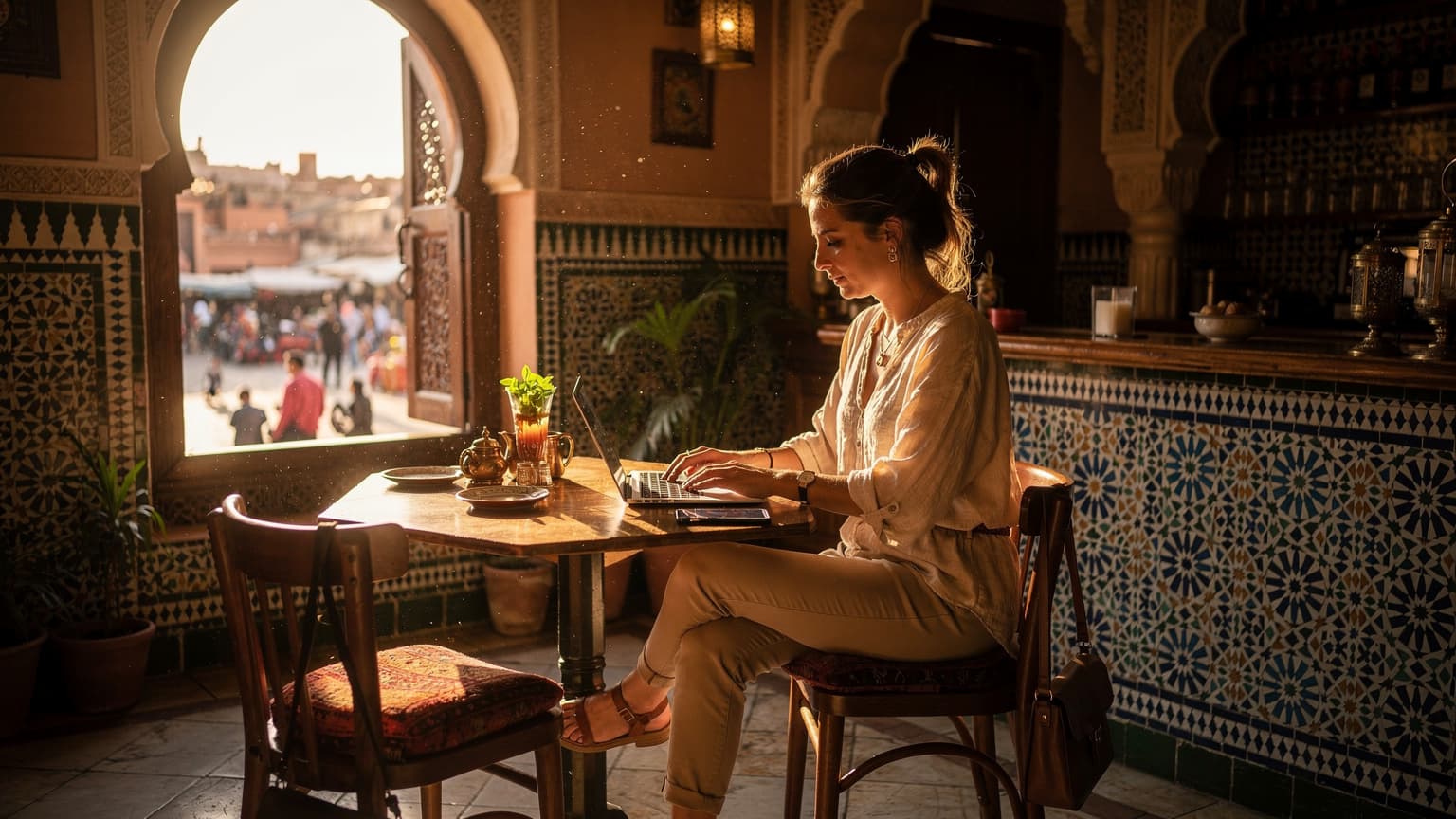Pewna siebie podróżniczka z laptopem i telefonem, korzystająca z Wi-Fi w eleganckiej, tradycyjnej kawiarni w Marrakeszu, z widokiem na tętniący życiem plac Jemaa el-Fna w złotej godzinie.