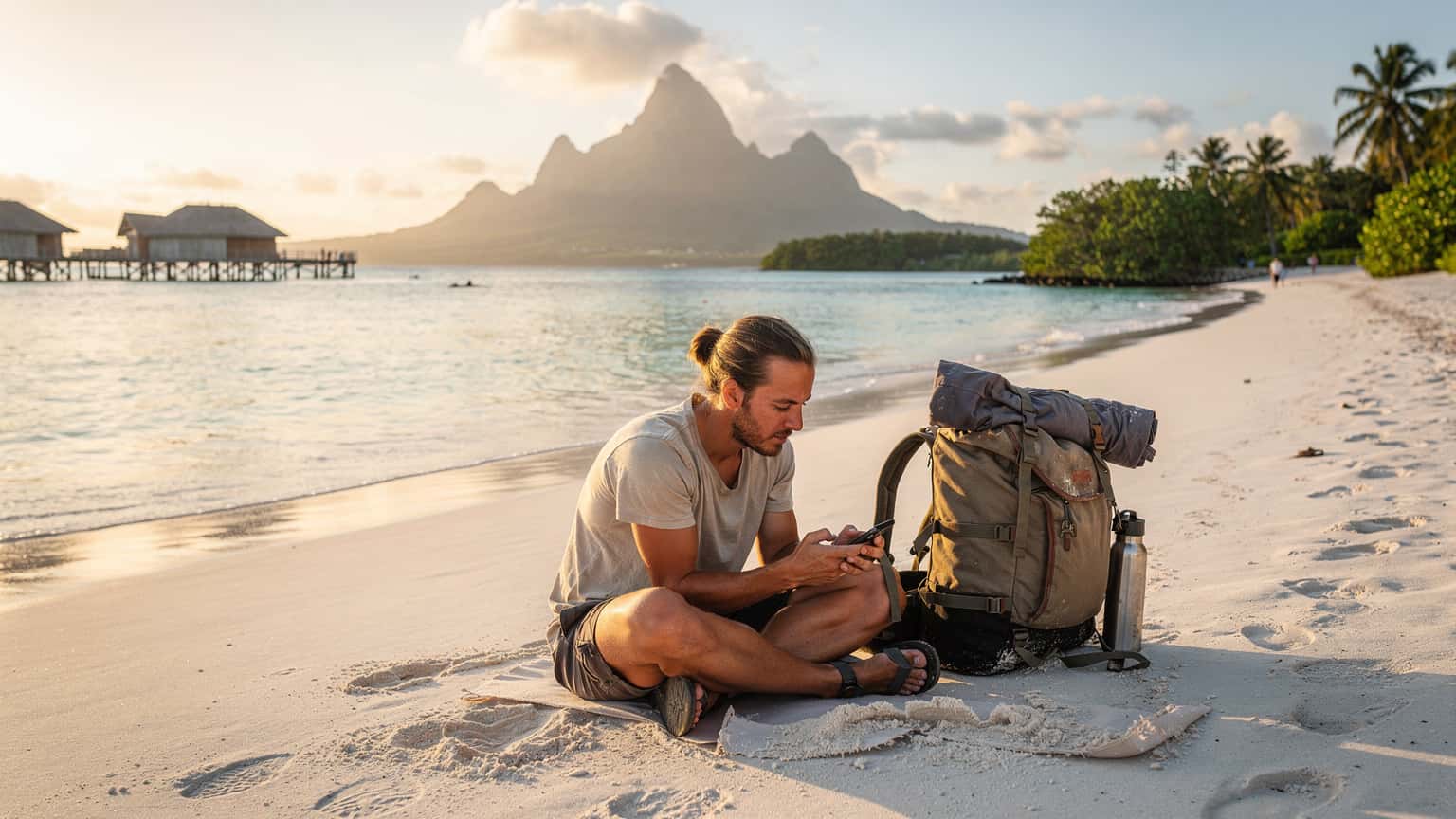 A backpacker on a remote beach in Bora Bora, French Polynesia, looking at their phone with a calm expression, the turquoise lagoon stretching behind them.
