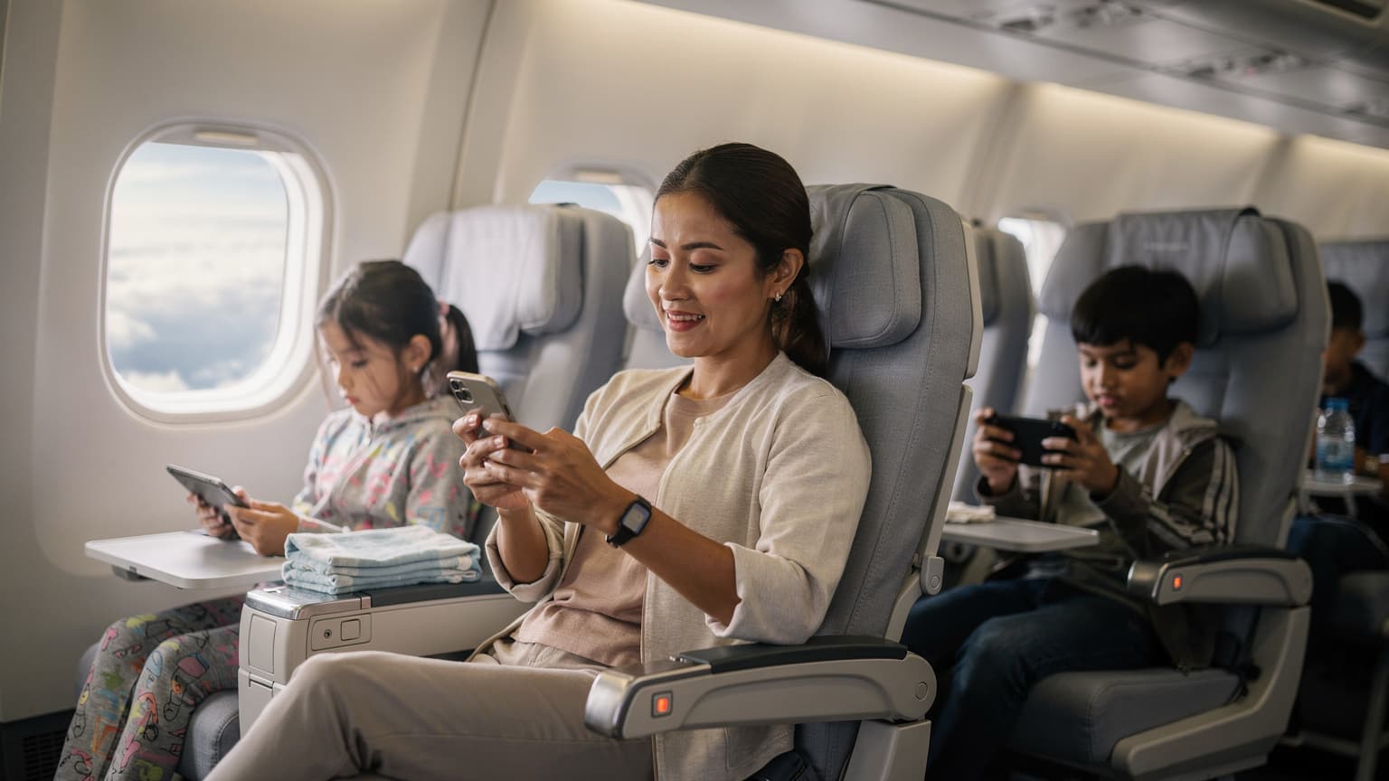 Seorang ibu tersenyum lega sambil memegang smartphone-nya, di samping dua anaknya yang asyik dengan tablet dan Nintendo Switch di kursi pesawat yang nyaman, menandakan koneksi internet lancar selama perjalanan.