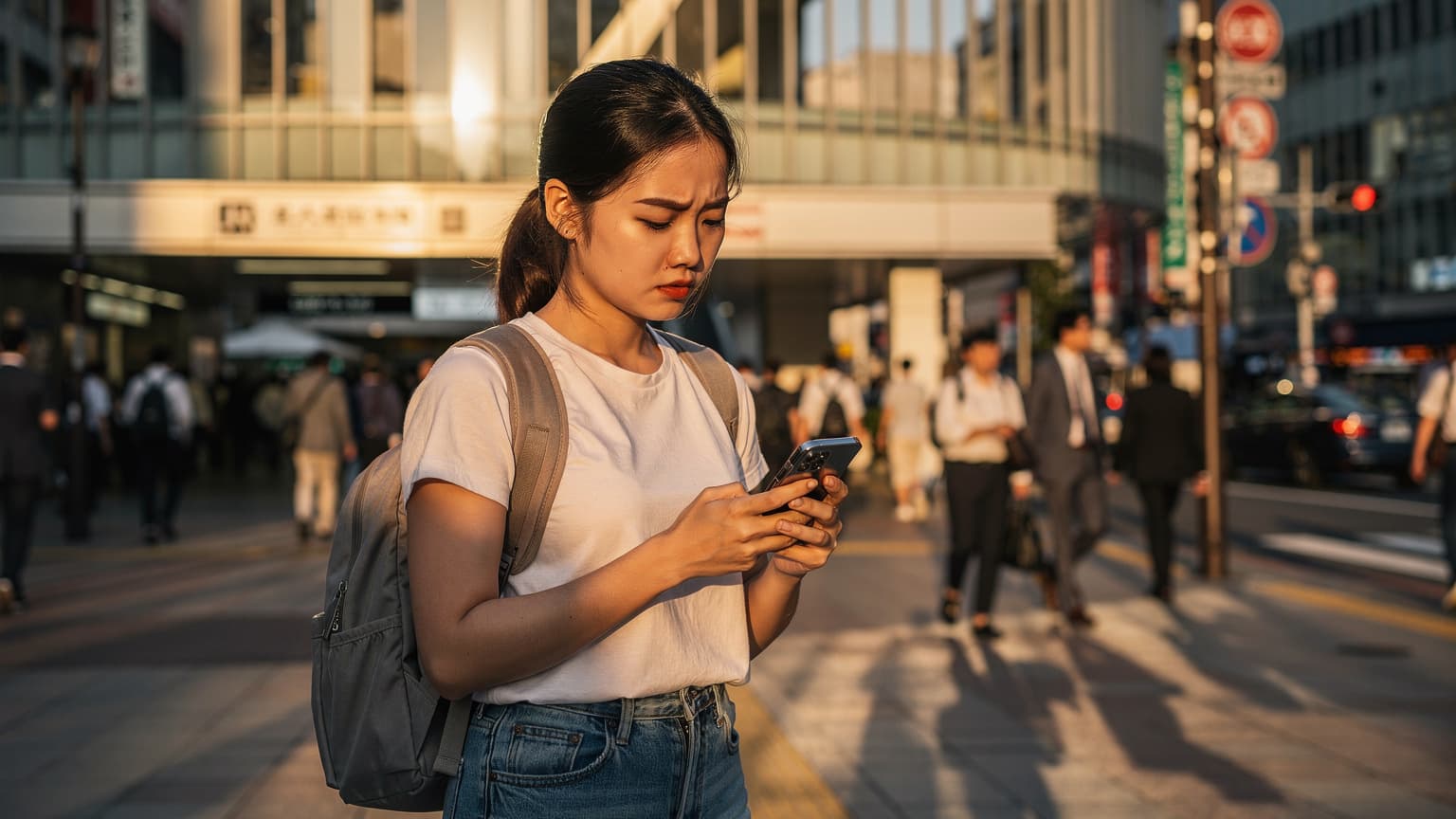 Một phụ nữ trẻ Việt Nam đang kiểm tra điện thoại của mình bên ngoài một ga tàu điện ngầm đông đúc ở Tokyo vào buổi chiều, với ánh nắng vàng chiếu qua các tòa nhà cao tầng.
