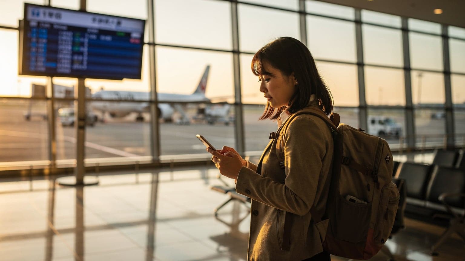 羽田空港国際線ターミナルで、女性がiPhoneを手に搭乗ゲートの案内板を確認している様子。彼女は日本の携帯電話会社からeSIMに切り替え、海外旅行の準備をしている。