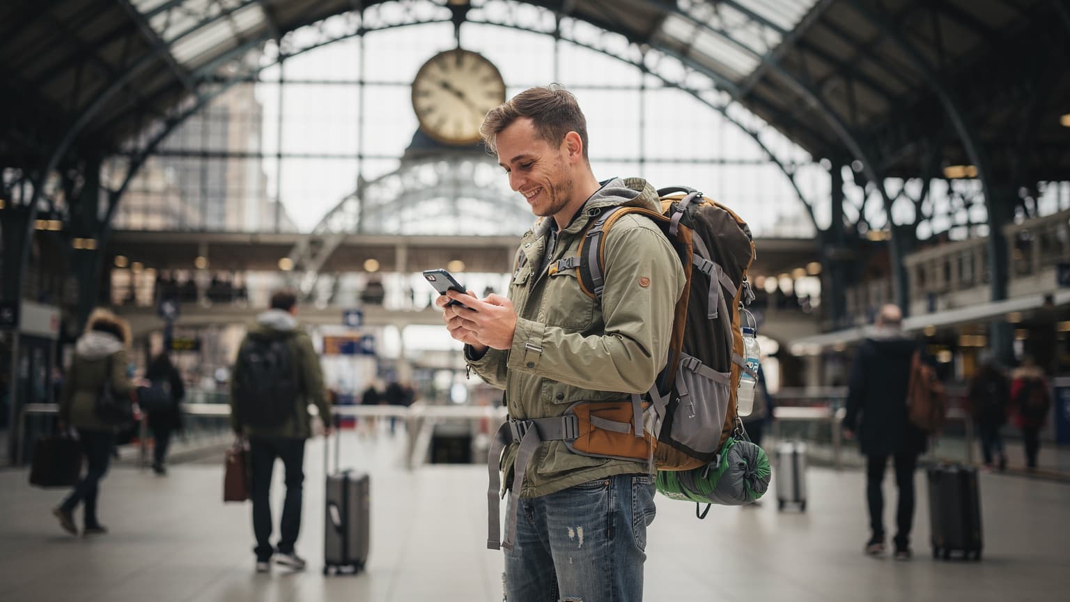 Un viaggiatore zaino in spalla con un telefono in mano, controlla la mappa su Google Maps alla stazione di King's Cross a Londra, sotto il famoso orologio, con un sorriso di soddisfazione.