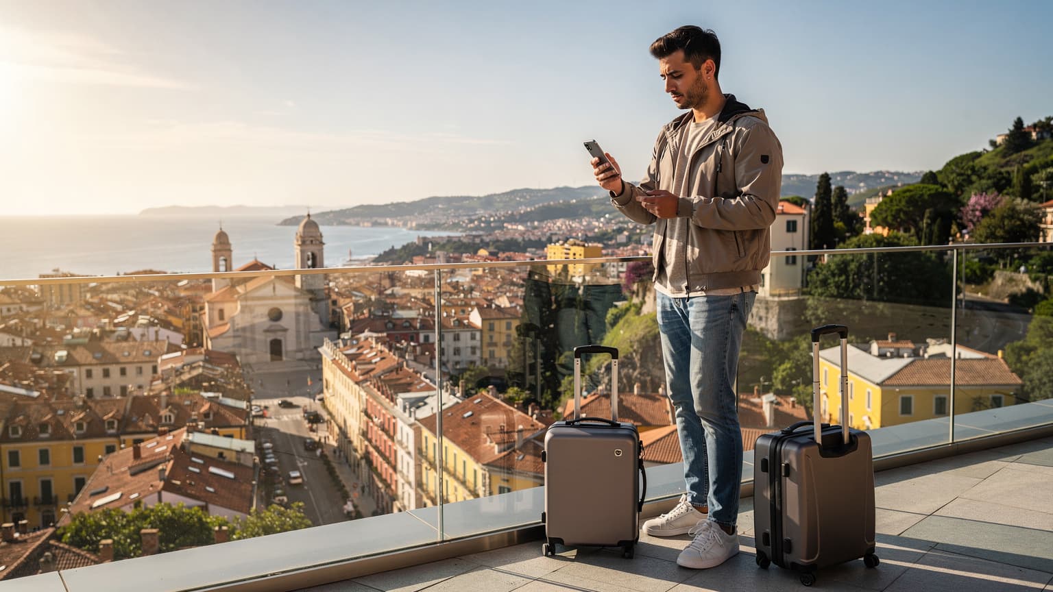 A solo traveler thoughtfully uses a smartphone while overlooking a beautiful international destination, embodying modern global connectivity.