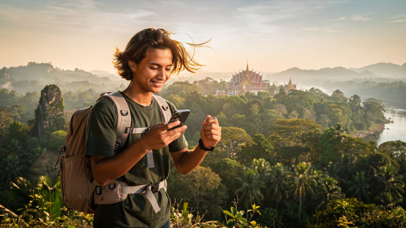 A young traveler uses a smartphone overlooking a panoramic Thai landscape, symbolizing modern connectivity and travel.