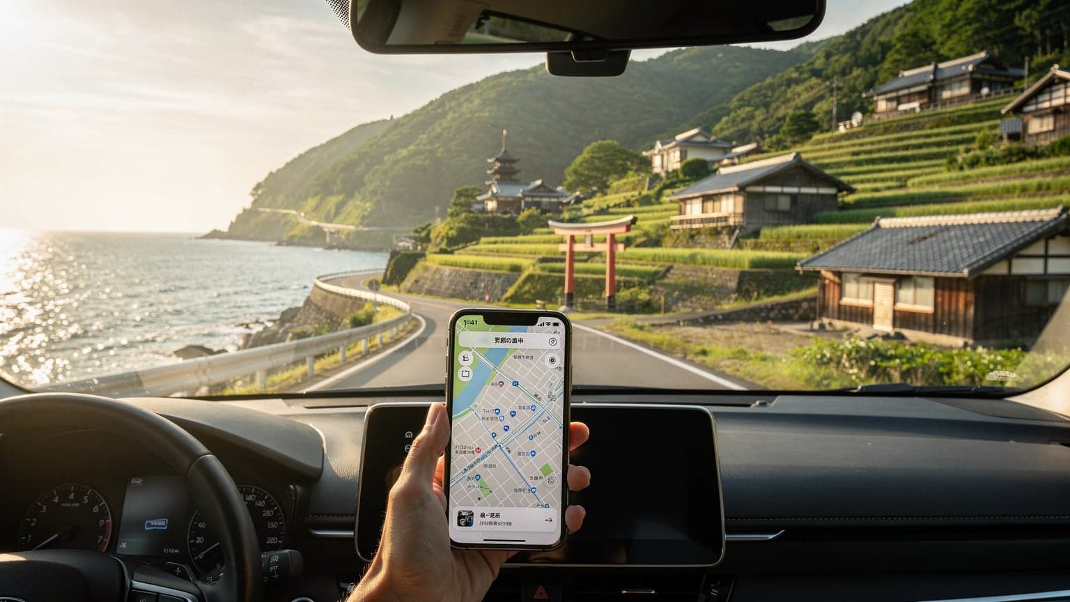 A hand holding a smartphone with a navigation app inside a rental car, looking out at a scenic Japanese summer road trip, representing seamless travel with eSIM.