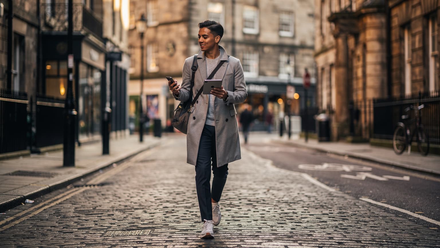 A modern traveler in a British city confidently using a digital device, symbolizing secure and connected exploration.