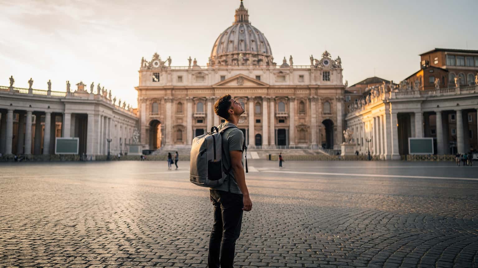 A cinematic, photorealistic hero image for a travel magazine, depicting a young backpacker gazing up at St. Peter's Basilica from St. Peter's Square in Vatican City during golden hour, evoking a sense of wonder and exploration.