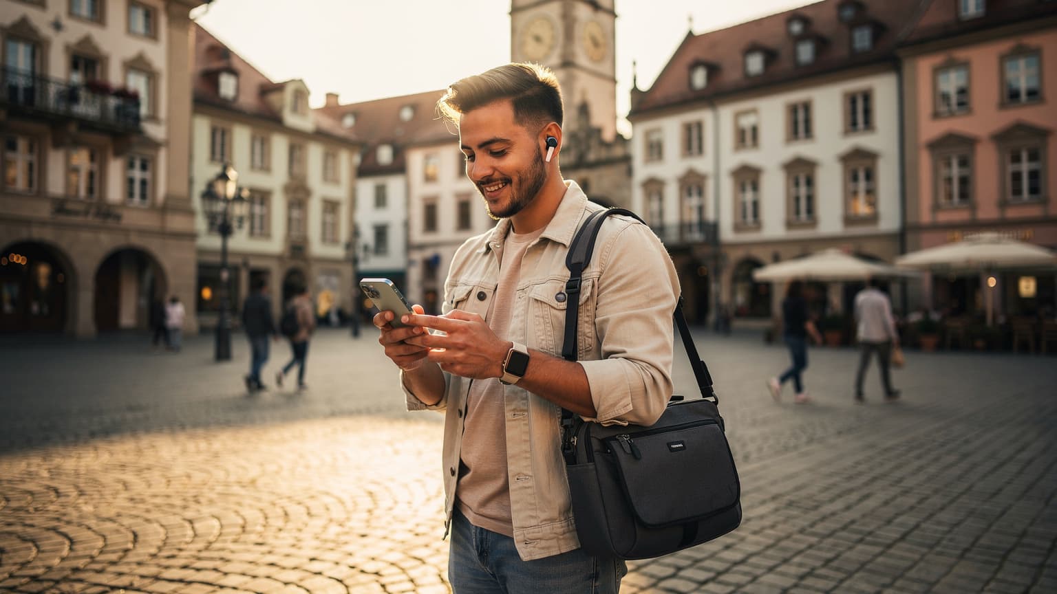 A modern traveler in a German city square using a smartphone, symbolizing secure travel and digital connectivity. Historic buildings are in the background.