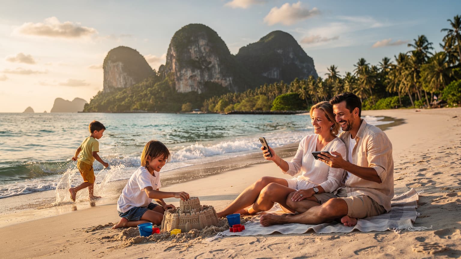 A modern family, including two parents and two children, happily enjoying a sunny day on a beautiful beach in Thailand. One parent is subtly interacting with a smartphone, conveying effortless connectivity, while the children play in the turquoise water. The background shows lush tropical scenery.