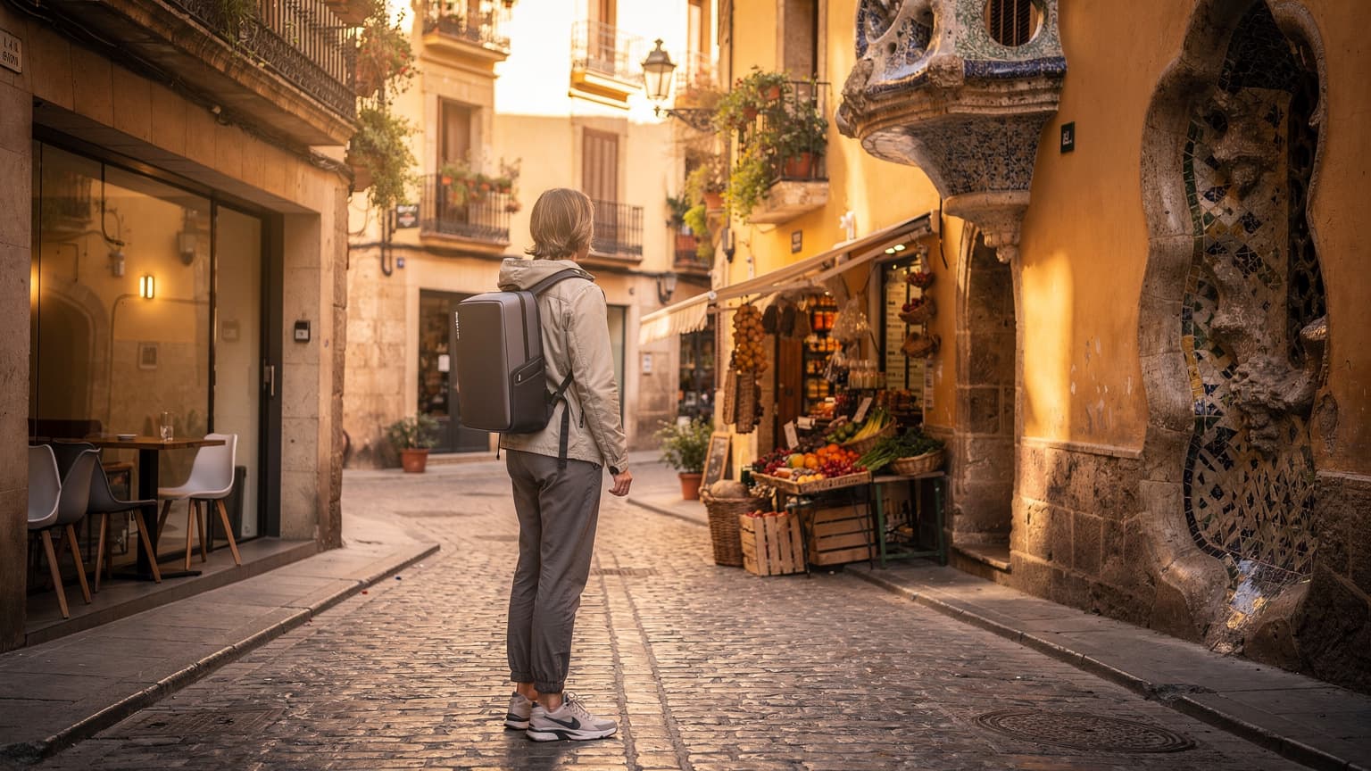 A photorealistic, cinematic hero shot depicting a sophisticated traveler exploring a charming, historic Spanish street during golden hour. The scene blends intricate, ancient architecture with vibrant, modern street life, bathed in warm, natural light. The traveler is looking with curiosity, evoking a sense of discovery in Spain.