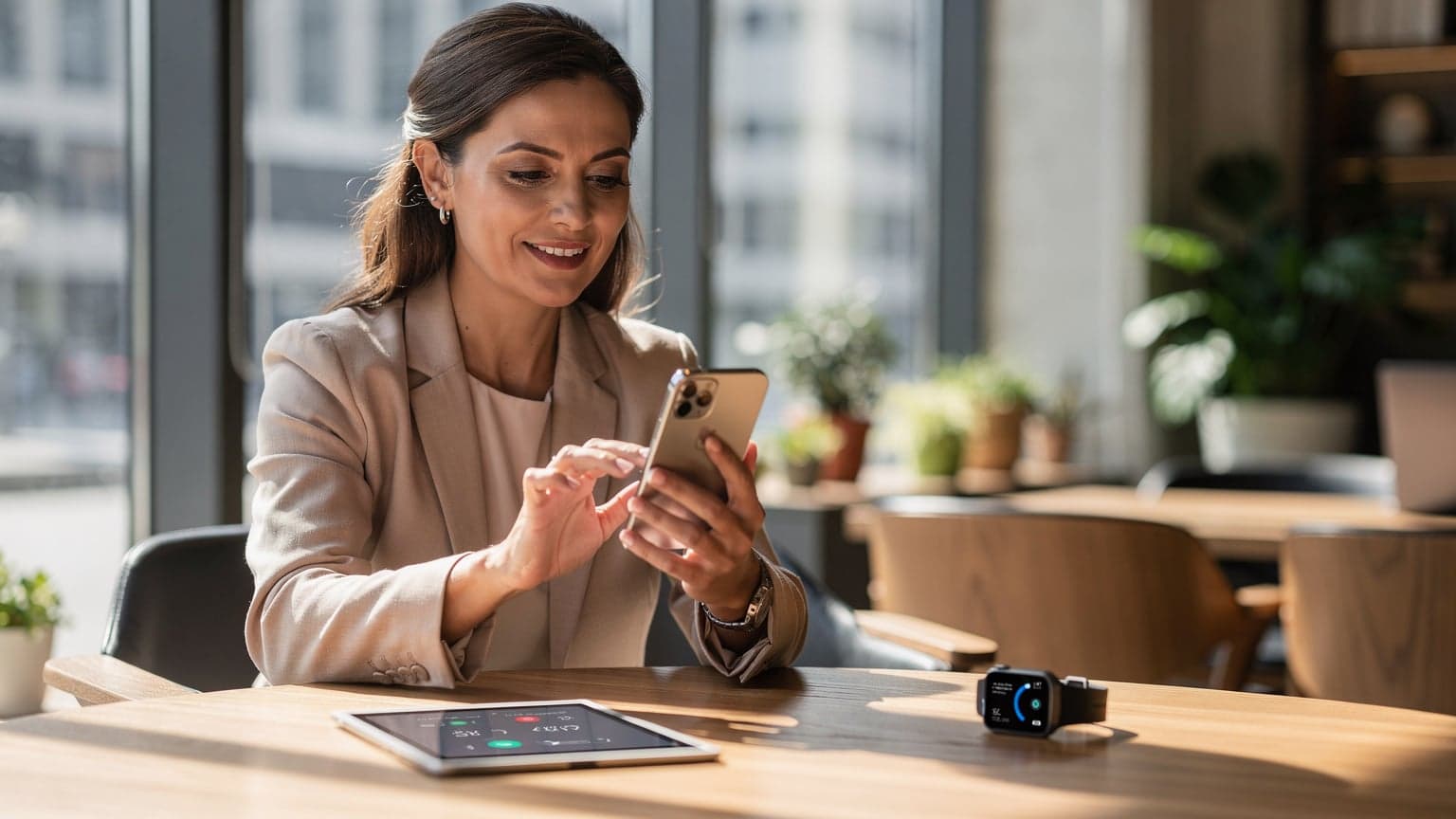 A parent interacting with a smartphone, with a tablet and smartwatch nearby, in a bright, modern setting, symbolizing the management of eSIMs across various devices for families.