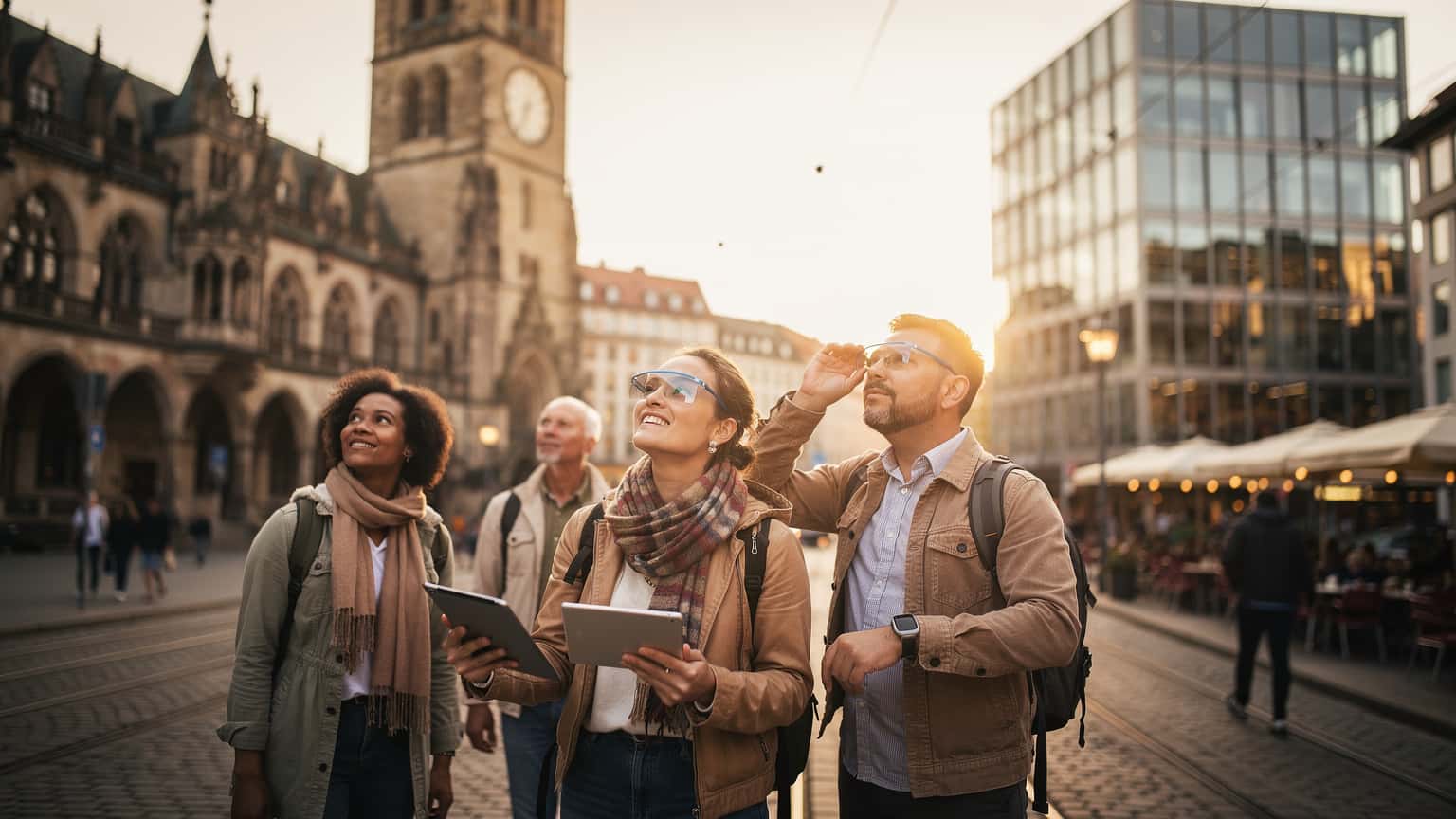 A photorealistic, cinematic hero image for a travel magazine, depicting a diverse group of travelers in a bustling German city at golden hour, subtly using futuristic travel tech. Iconic German architecture blends history and modernity in the background, conveying a sense of curious exploration for future travel.