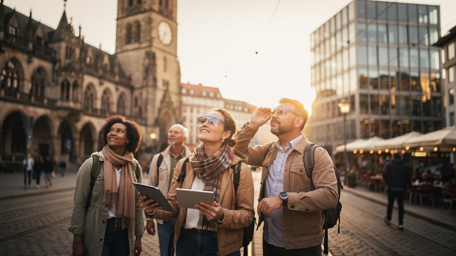 A photorealistic, cinematic hero image for a travel magazine, depicting a diverse group of travelers in a bustling German city at golden hour, subtly using futuristic travel tech. Iconic German architecture blends history and modernity in the background, conveying a sense of curious exploration for future travel.