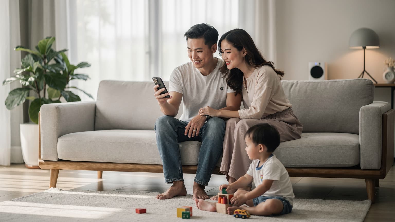 A Vietnamese family in a modern living room, with the father showing something on a smartphone to his smiling wife, implying easy home tech.