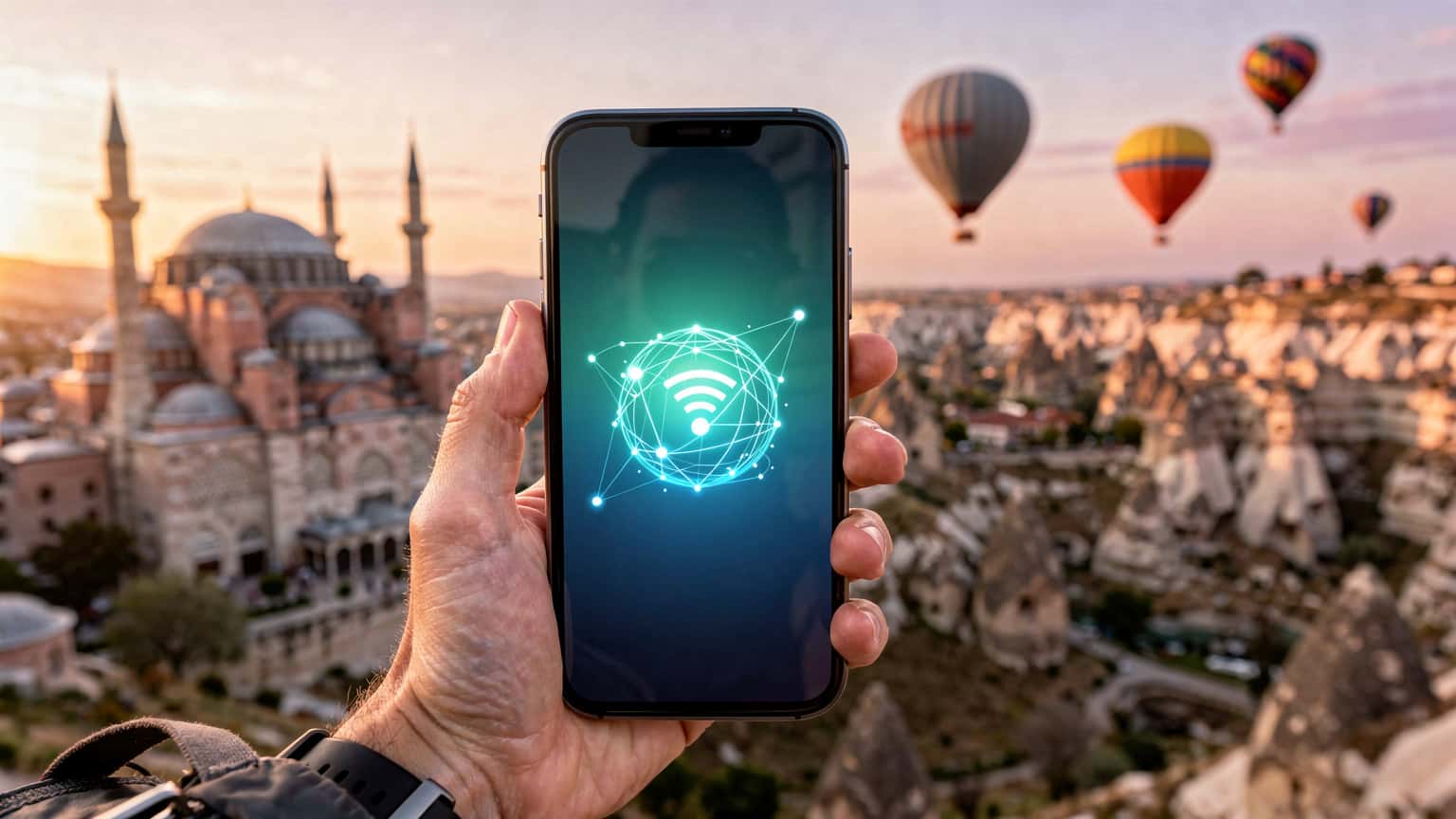 A cinematic, photorealistic hero image for a travel tech magazine. A hand holds a modern smartphone displaying a network signal, with a split, blurred background featuring the Hagia Sophia and Blue Mosque in Istanbul on one side and hot air balloons over Cappadocia on the other, all under natural golden hour light. The image symbolizes seamless connectivity while traveling in Turkey.