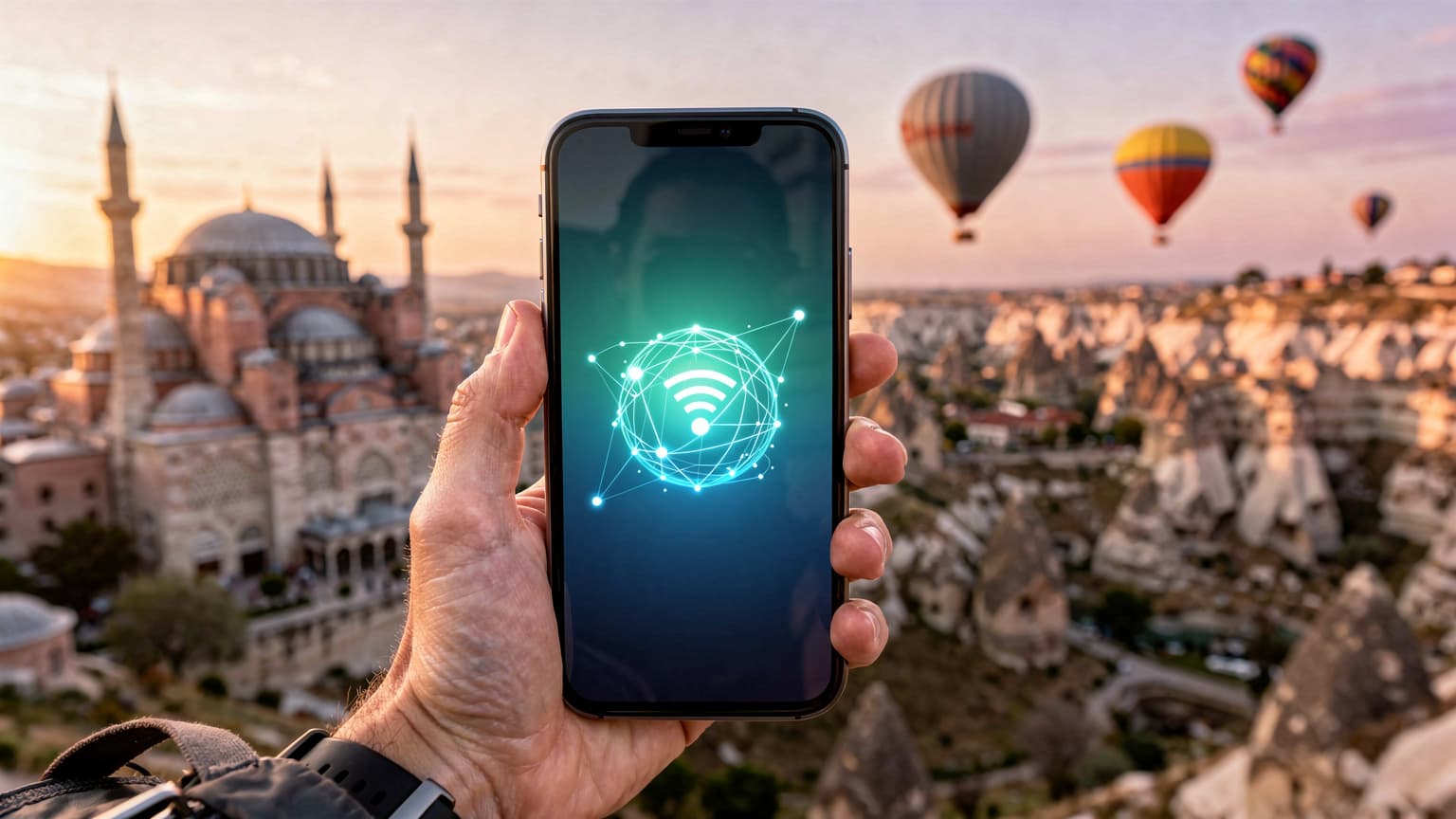 A cinematic, photorealistic hero image for a travel tech magazine. A hand holds a modern smartphone displaying a network signal, with a split, blurred background featuring the Hagia Sophia and Blue Mosque in Istanbul on one side and hot air balloons over Cappadocia on the other, all under natural golden hour light. The image symbolizes seamless connectivity while traveling in Turkey.