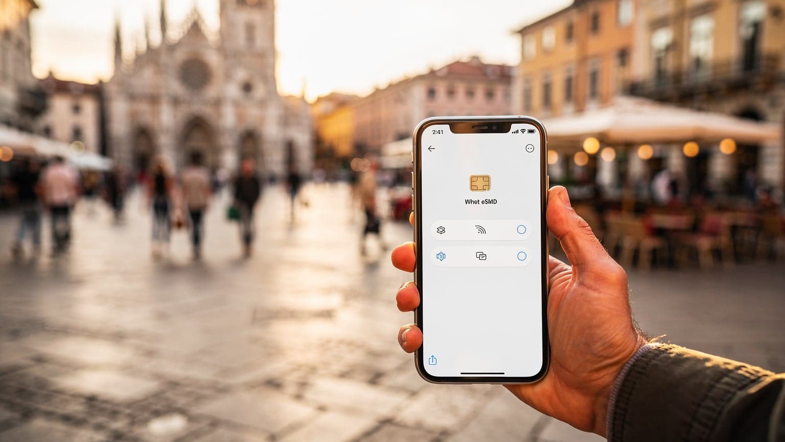 Hero image for a blog post about eSIM savings for travelers in the EU. A close-up of a hand holding a smartphone with a generic digital interface, set against a blurred background of a sunny European city square.