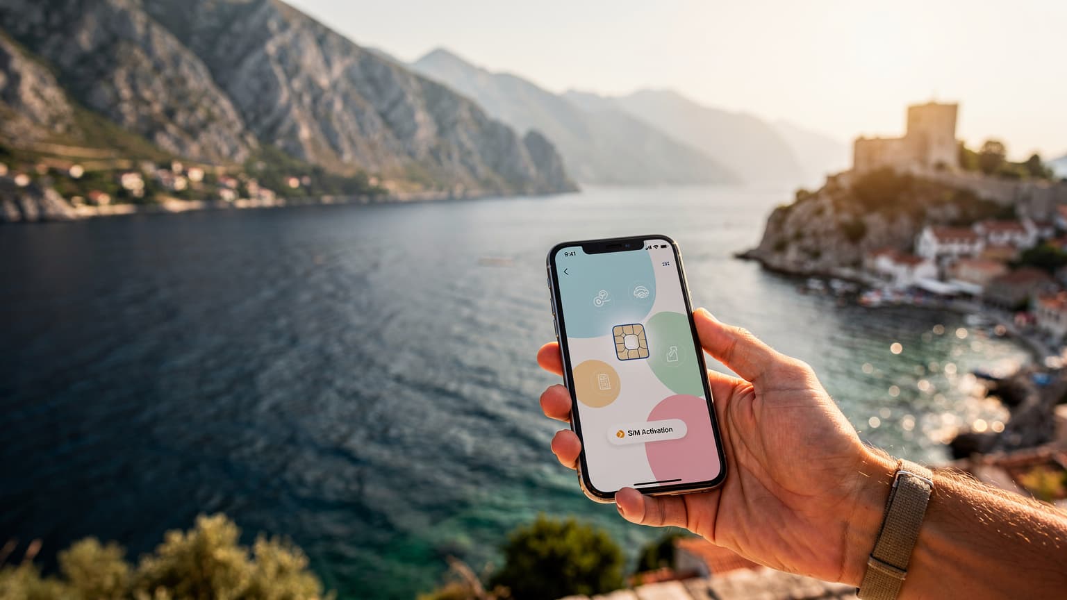 A traveler's hand holding a smartphone with a subtle digital interface, set against a beautiful, sunny Balkan coastal landscape with mountains and sea, evoking a last-minute eSIM activation for a holiday.
