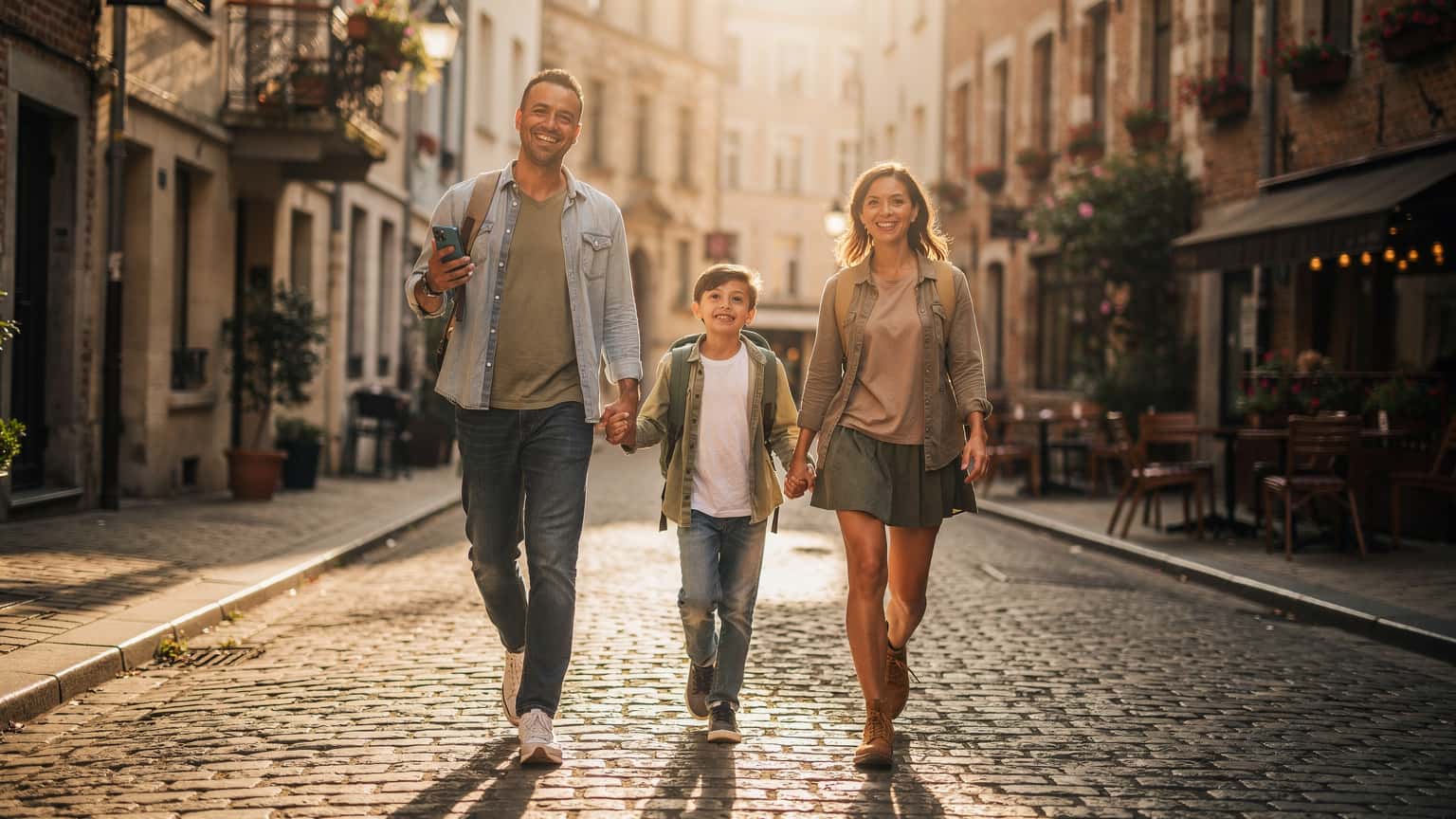 A happy, diverse family of four, including two parents and two children, walking joyfully on a European cobblestone street at sunset, with historic buildings in the background. The family is smiling, looking relaxed and carefree, suggesting an enjoyable and connected travel experience, with one parent subtly holding a modern smartphone.