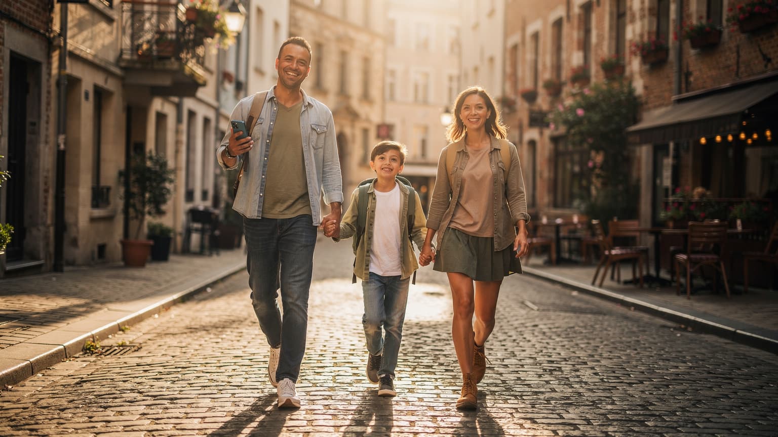 A happy, diverse family of four, including two parents and two children, walking joyfully on a European cobblestone street at sunset, with historic buildings in the background. The family is smiling, looking relaxed and carefree, suggesting an enjoyable and connected travel experience, with one parent subtly holding a modern smartphone.