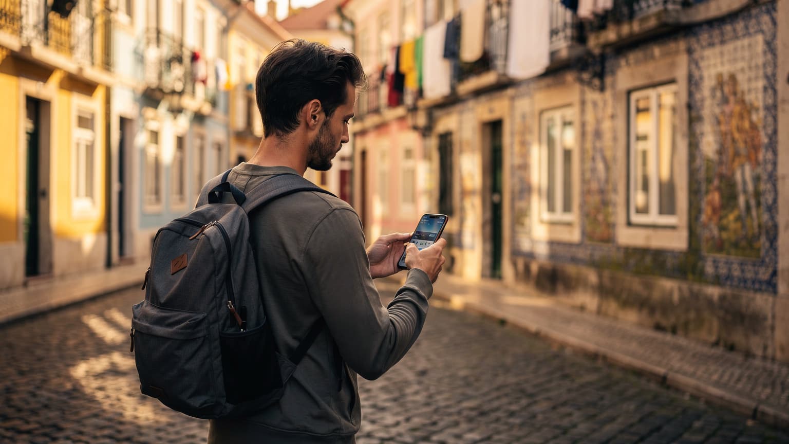 A tourist on a historic Portuguese street, looking at their smartphone, with traditional buildings in the background during golden hour.