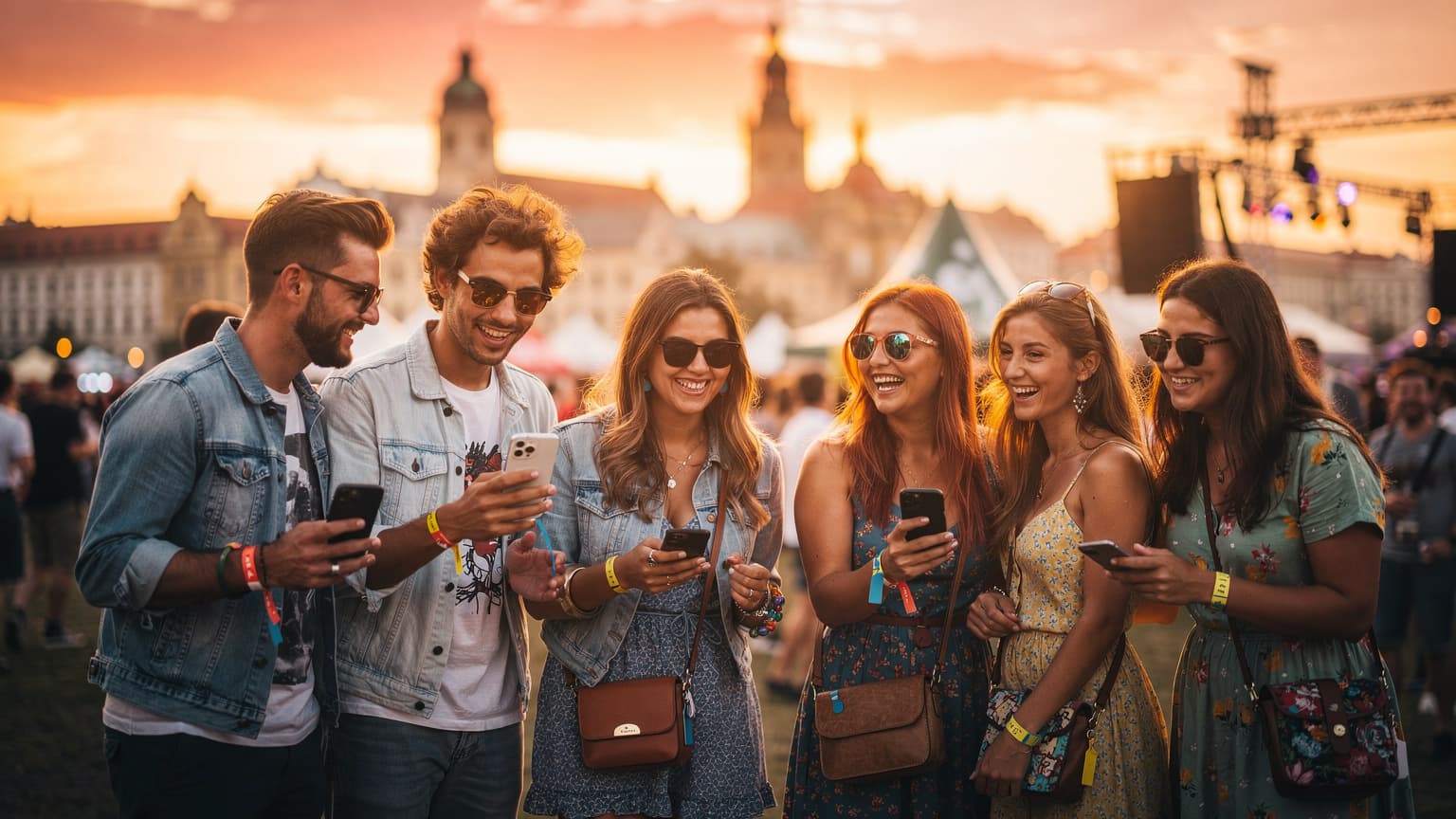 A group of happy young adults at a vibrant outdoor music festival during sunset, with blurred city lights and festival tents in the background. They are smiling and interacting, some holding smartphones, conveying a sense of seamless connection and enjoyment. The scene is bathed in warm, natural golden hour light, capturing a festive and connected atmosphere.