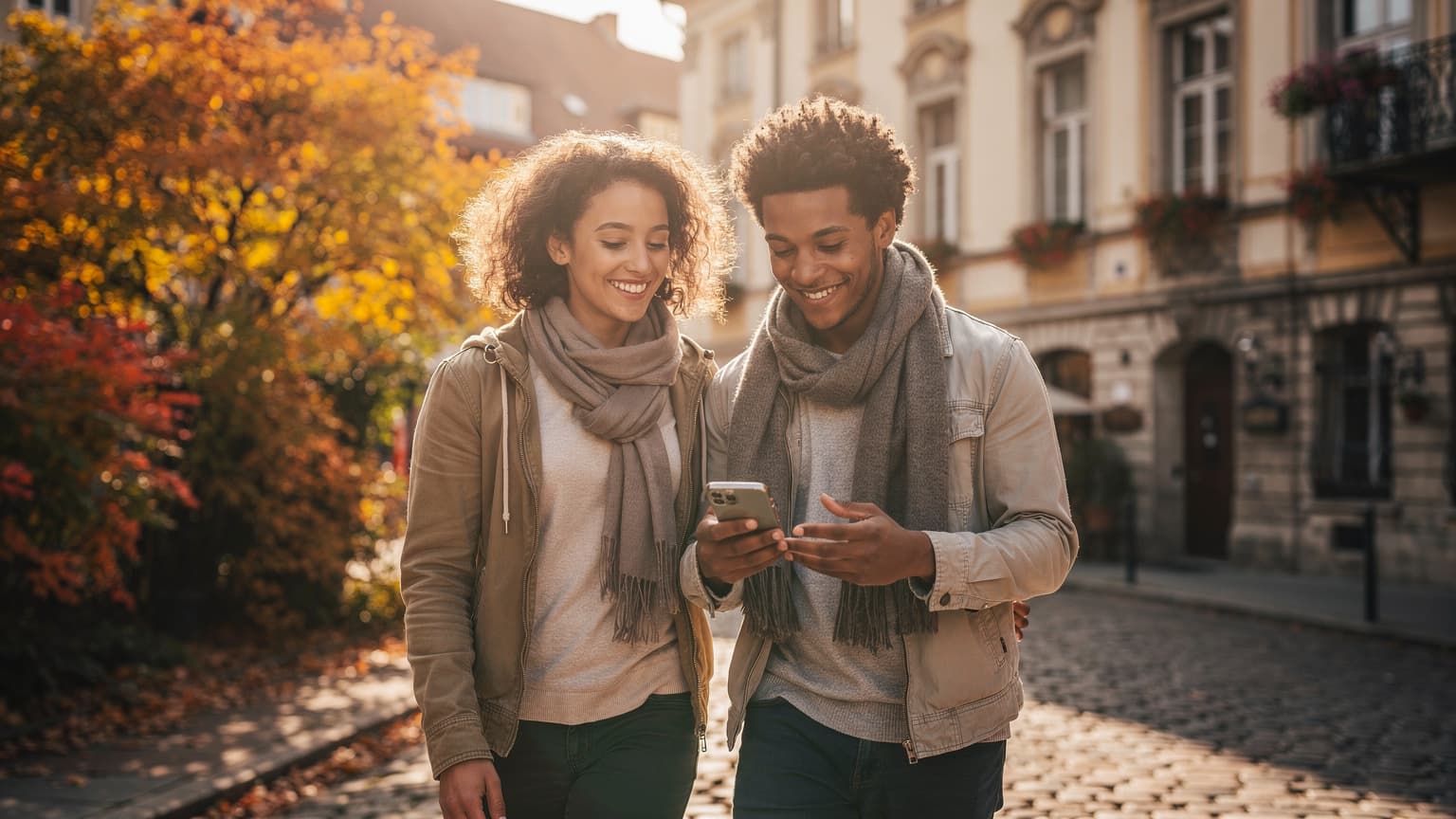 A diverse young couple enjoying an autumn holiday in a European city. One person is subtly using a smartphone for navigation, symbolizing carefree travel and connectivity, while they both admire the scenic surroundings bathed in warm autumn light.
