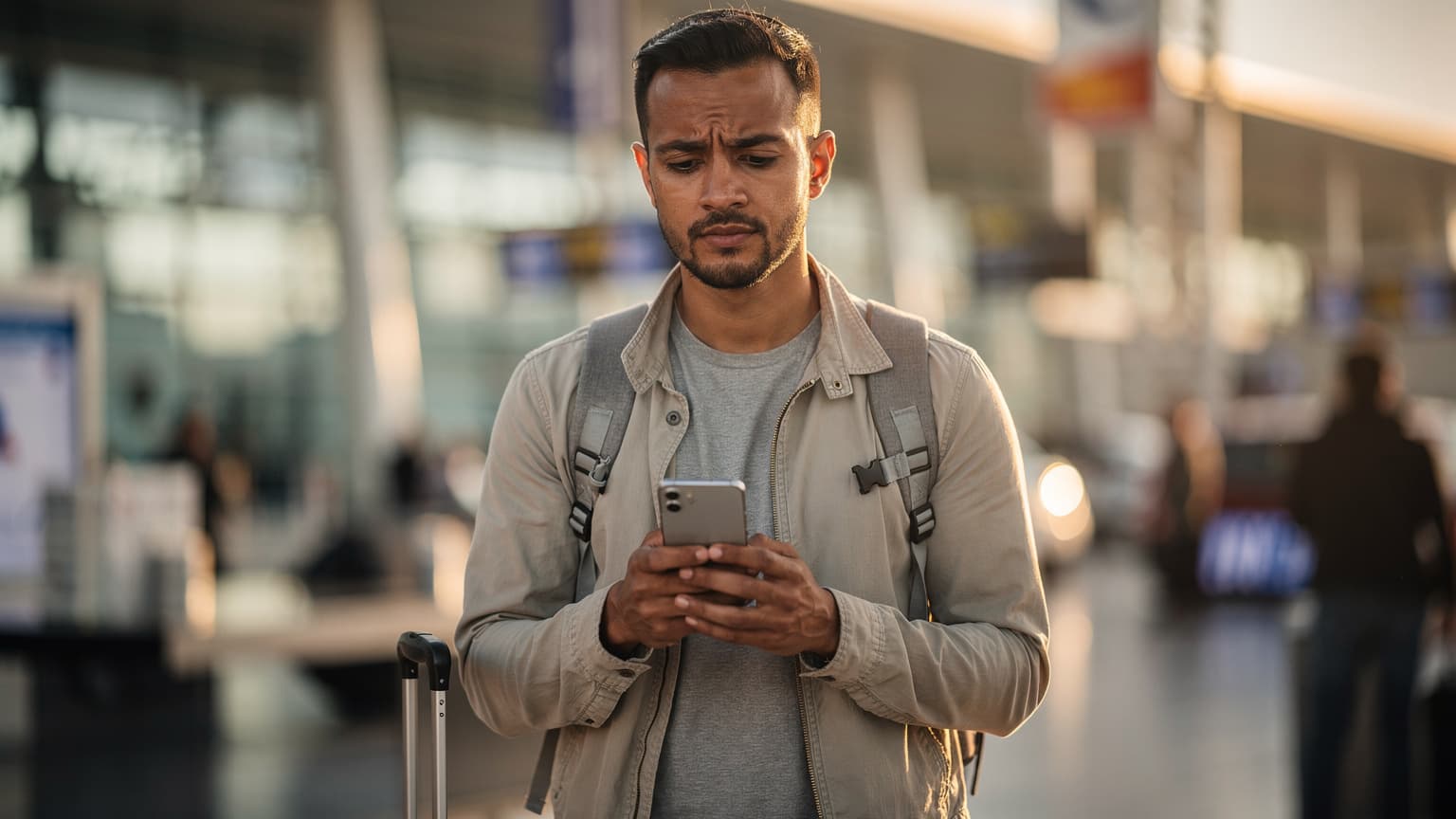 A photorealistic, cinematic image of a traveler looking thoughtfully at a smartphone in a blurred, vibrant international setting at golden hour, representing a digital connectivity check during global travel.