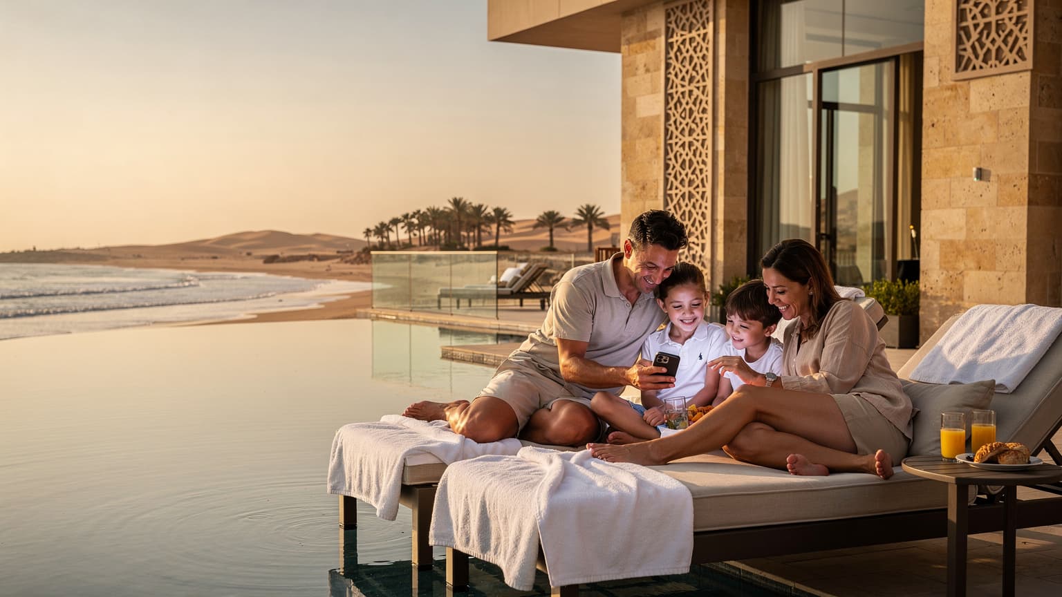 A modern family enjoying a luxurious Egyptian vacation, with a parent subtly using a smartphone, symbolizing seamless internet connectivity.