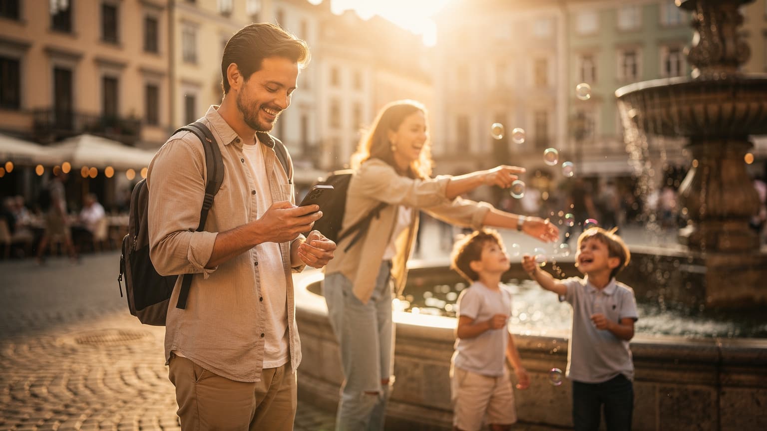 A photorealistic editorial image of a family on a beautiful vacation, with one parent subtly using a generic smartphone to symbolize reliable travel connectivity, set in a cinematic style with natural light.