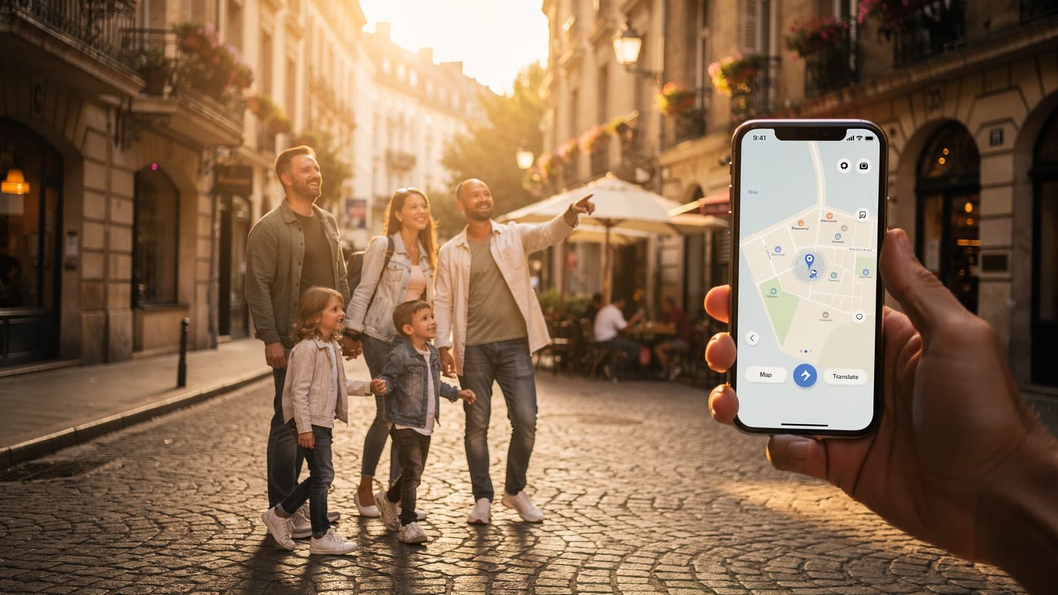 A photorealistic, cinematic hero image depicting a happy, diverse family traveling in a picturesque European city during golden hour, with one parent using a modern smartphone to symbolize effortless, connected international travel via eSIM technology.