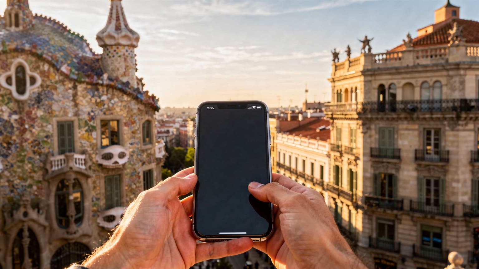 A person's hands holding a modern smartphone with a full signal, set against a blurred yet recognizable vibrant Spanish cityscape, possibly Barcelona or Madrid, under warm natural light, symbolizing seamless travel and digital connectivity.