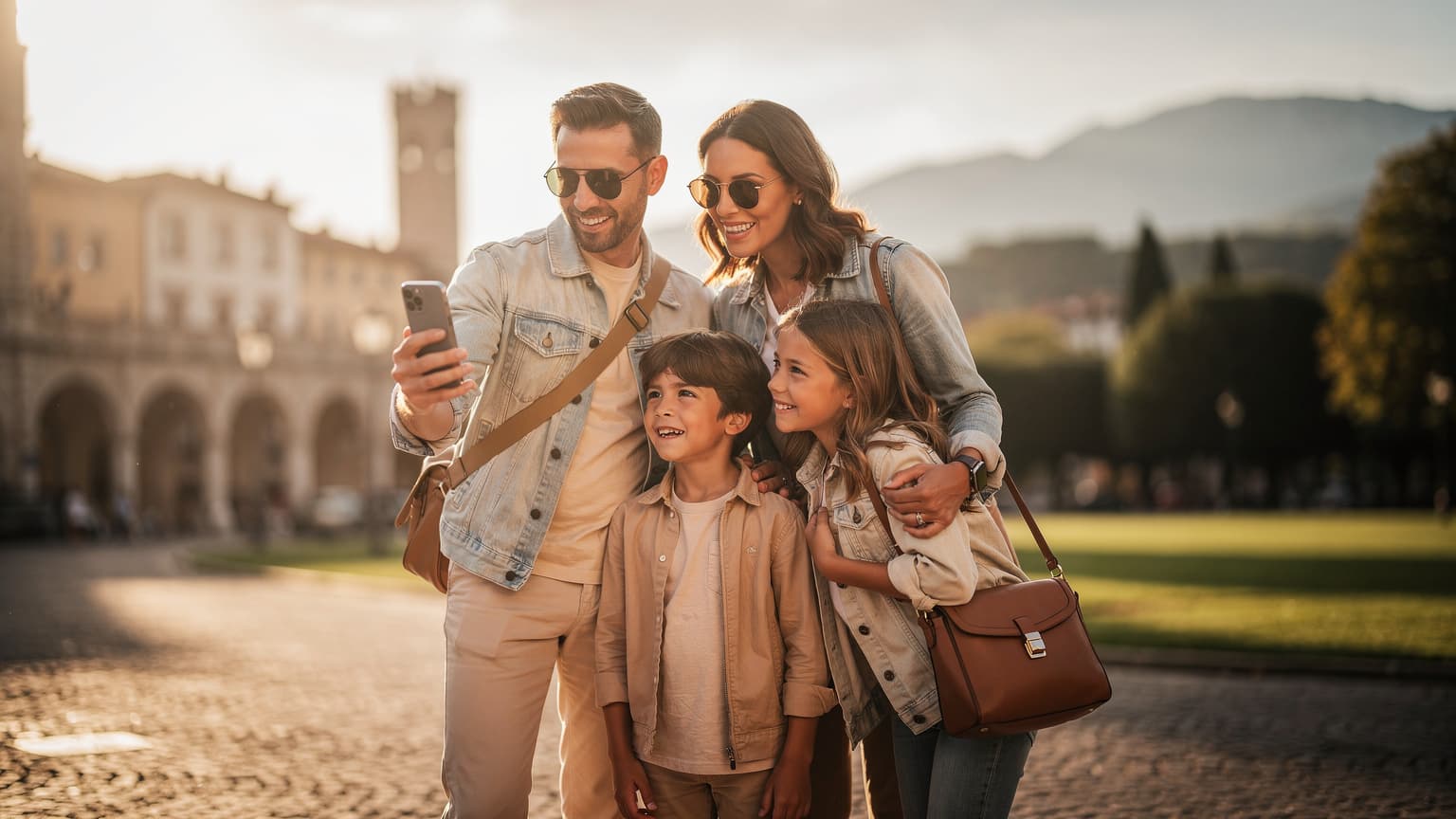 A family on a scenic vacation, gathered around a smartphone, symbolizing smart travel planning and data readiness for their journey.