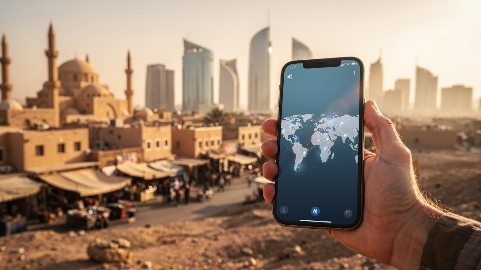 A hand holding a smartphone against a blurred, sunlit Middle Eastern city and desert landscape, representing seamless eSIM data for multi-country travel.