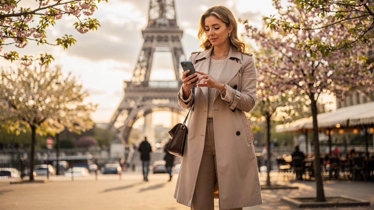 Μια γυναίκα κρατά το smartphone της, ελέγχοντας χάρτες, μπροστά από τον Πύργο του Άιφελ στο Παρίσι κατά τη διάρκεια ενός ανοιξιάτικου απογεύματος.