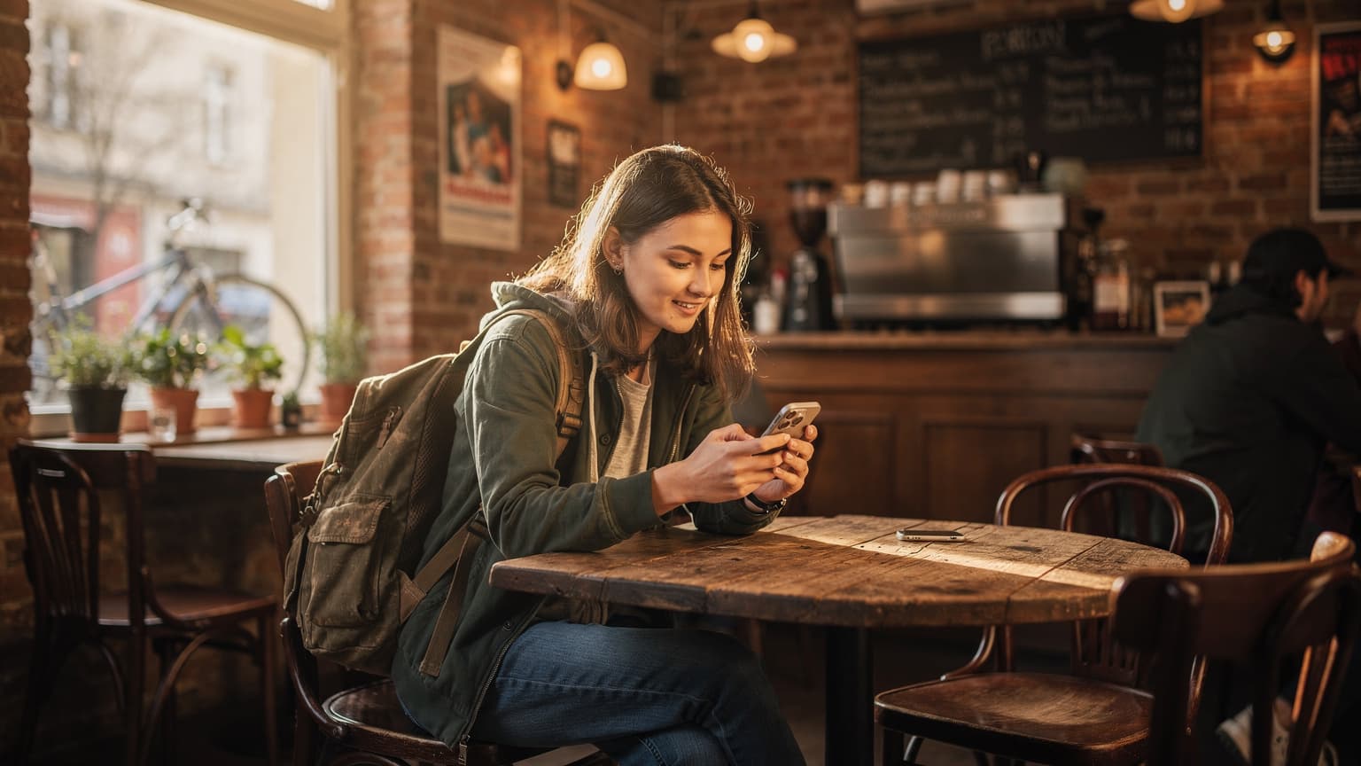 Eine junge Frau mit Rucksack sitzt an einem Holztisch in einem gemütlichen Berliner Café, ihr neues iPhone 18 liegt neben einer Tasse Kaffee und einem Stadtplan. Sie lächelt entspannt und blickt aus dem Fenster, bereit für ihre Herbstferien.