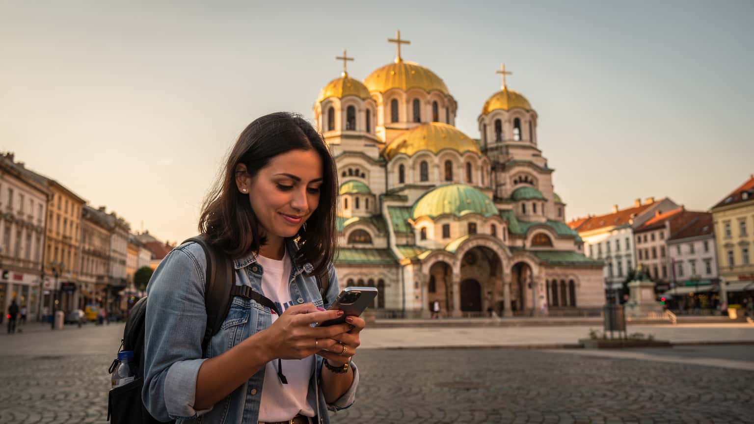 Sofya'daki Aziz Aleksandr Nevski Katedrali önünde cep telefonunu kullanan genç bir kadın, çevresindeki tarihi binalarla uyum içinde.
