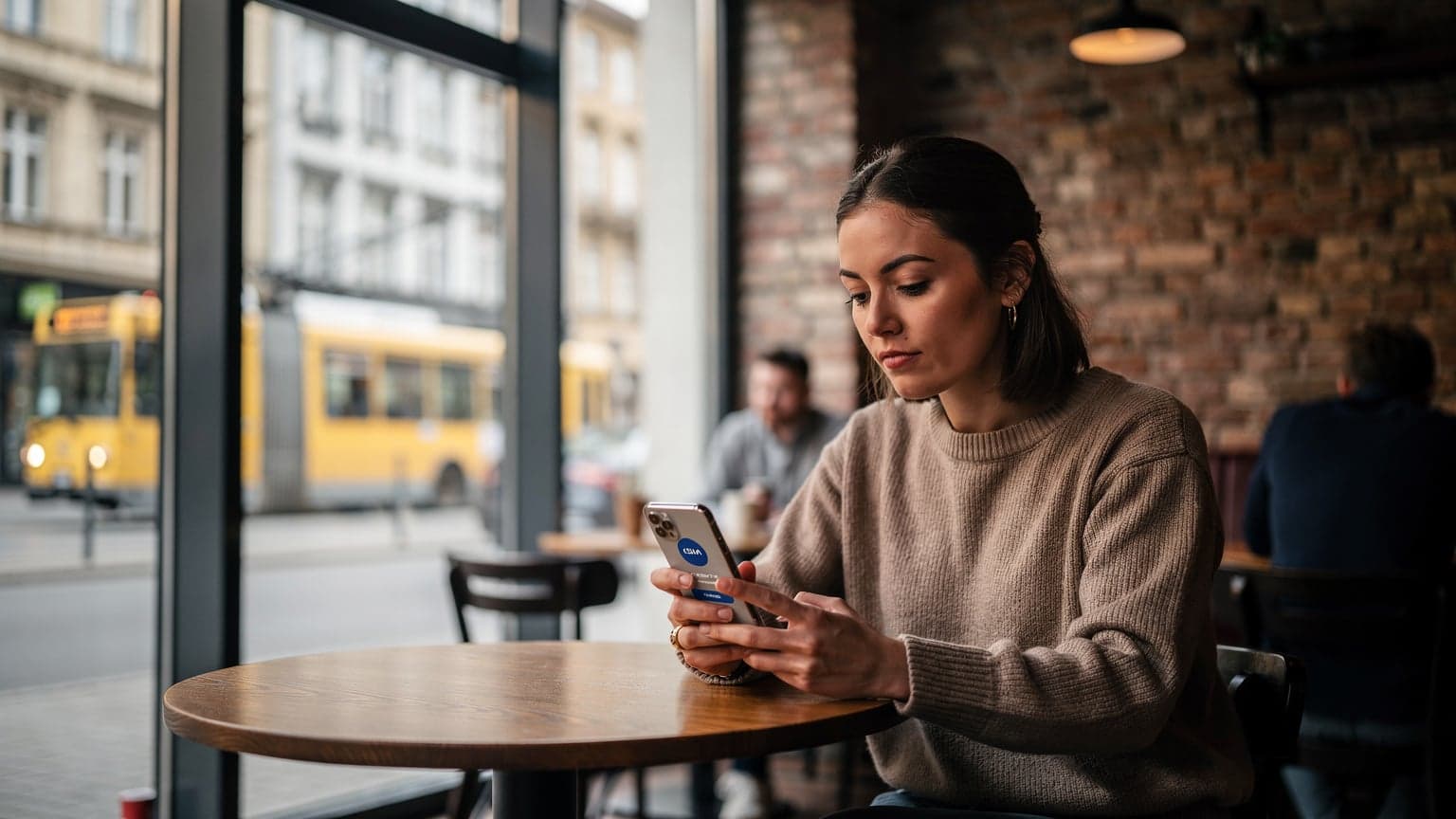 Eine junge Frau in einem Berliner Café, die auf ihrem Smartphone eine eSIM-App betrachtet, während im Hintergrund die geschäftige Rosenthaler Straße zu sehen ist.