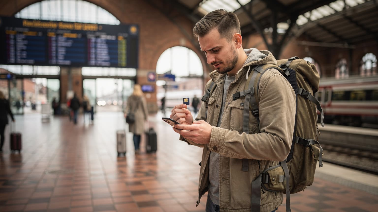 En ung backpacker i Københavns Hovedbanegård kigger på sin telefon med et forvirret udtryk, mens han holder et fysisk SIM-kort frem, omgivet af rejsende og ankomsttavler.