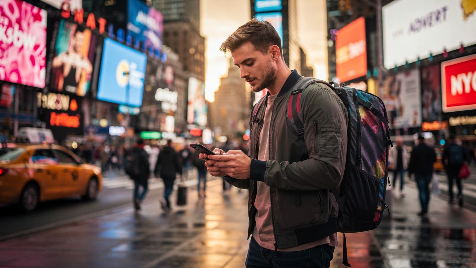 Mladý muž s batohem kontroluje svůj smartphone s eSIM daty na rušném Times Square v New Yorku za soumraku.