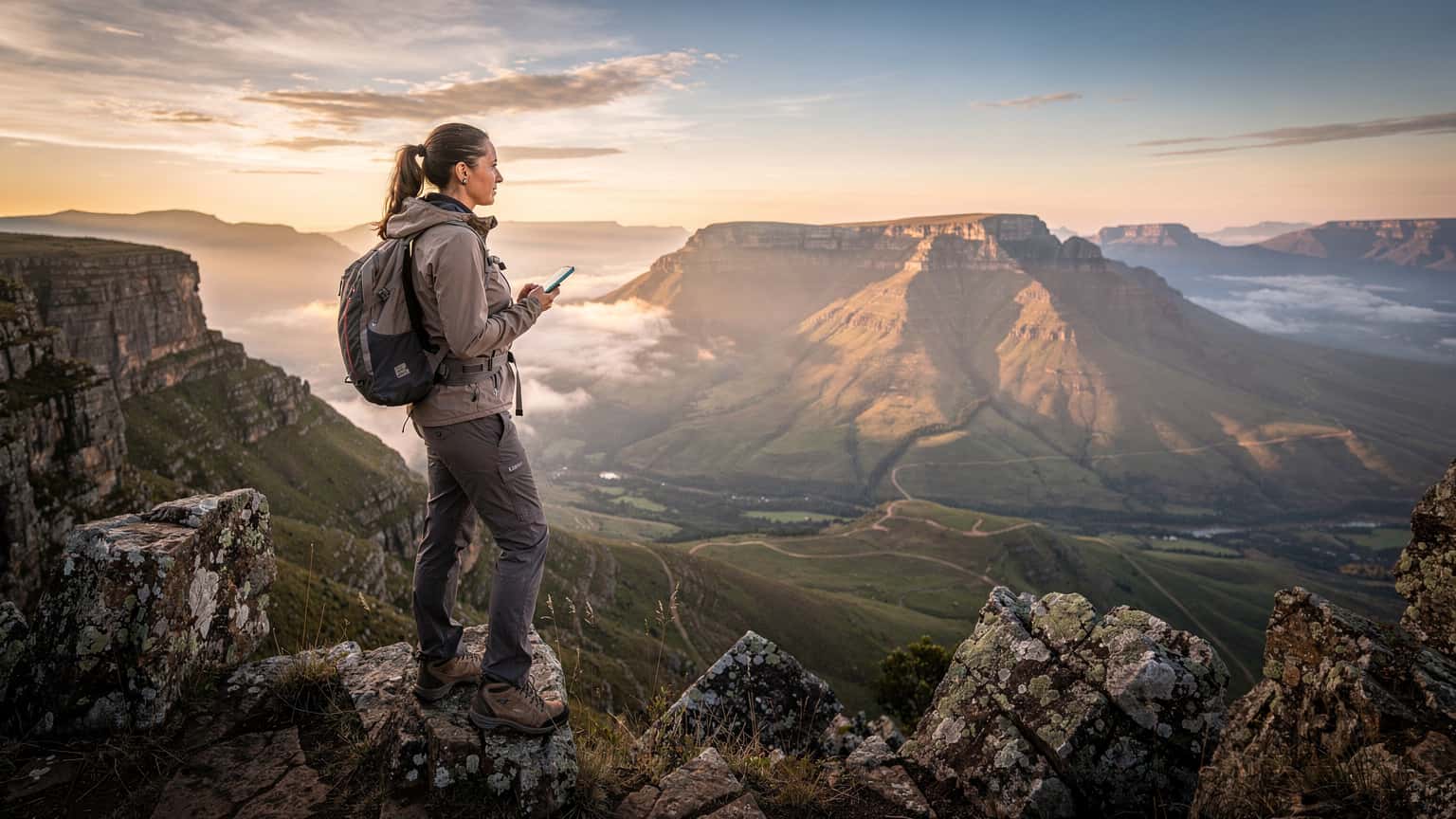 Een reiziger staat op een uitkijkpunt in de Drakensbergen, Zuid-Afrika, met een smartphone in de hand, kijkend naar het uitgestrekte landschap bij zonsopgang.