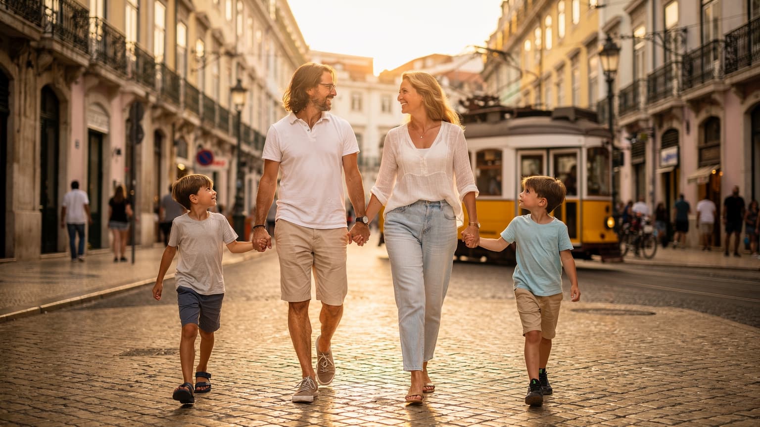 Uma família sorridente, pais e duas crianças de mãos dadas, andando por uma rua de paralelepípedos em Lisboa, com um elétrico amarelo ao fundo.