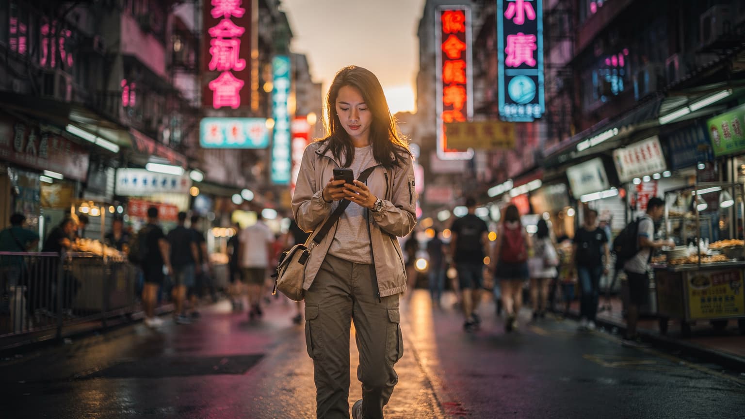 一名年輕女性在香港旺角街頭使用手機,背景是繁華的霓虹燈招牌和熙熙攘攘的人群,她手持手機正查看地圖,表情專注。