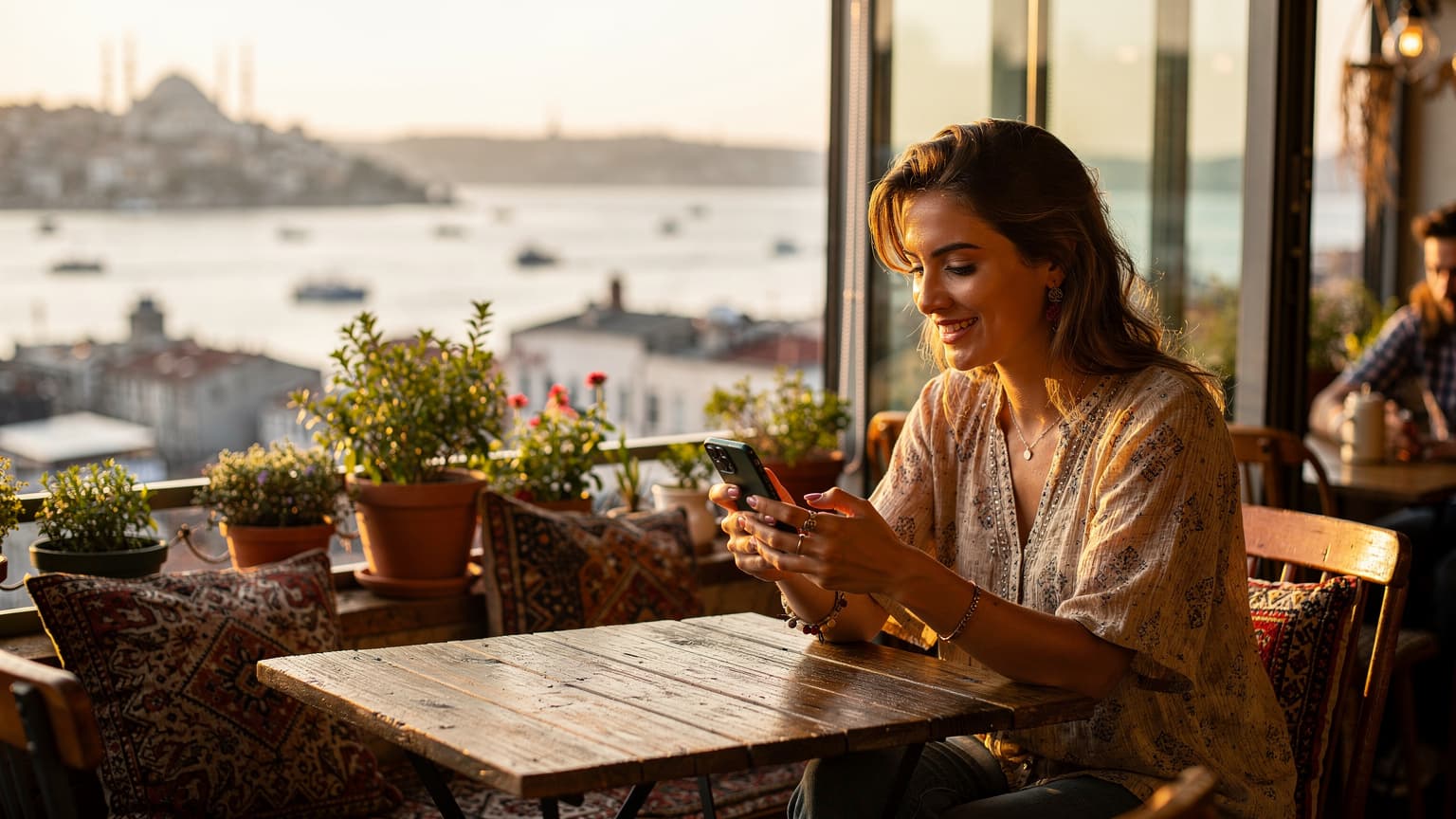 İstanbul'un tarihi yarımadasına bakan bir çatı kafede, elinde akıllı telefonuyla WhatsApp mesajlarını kontrol eden genç bir kadın.