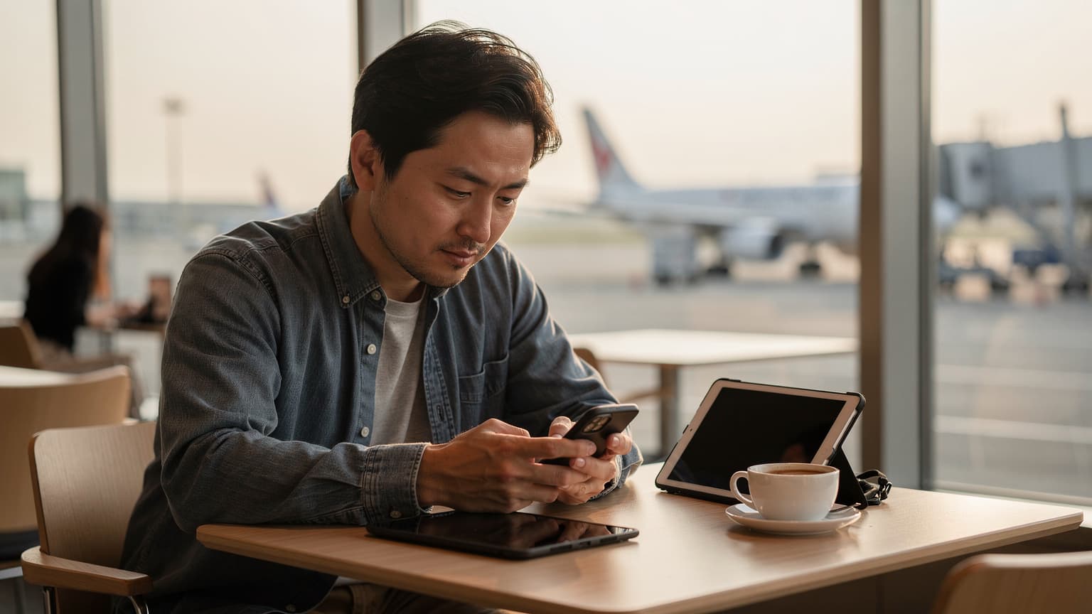 羽田空港の国際線ターミナルで、搭乗ゲートの近くのカフェでタブレットとスマートフォンを使いながらeSIMの設定を確認する日本人旅行者。