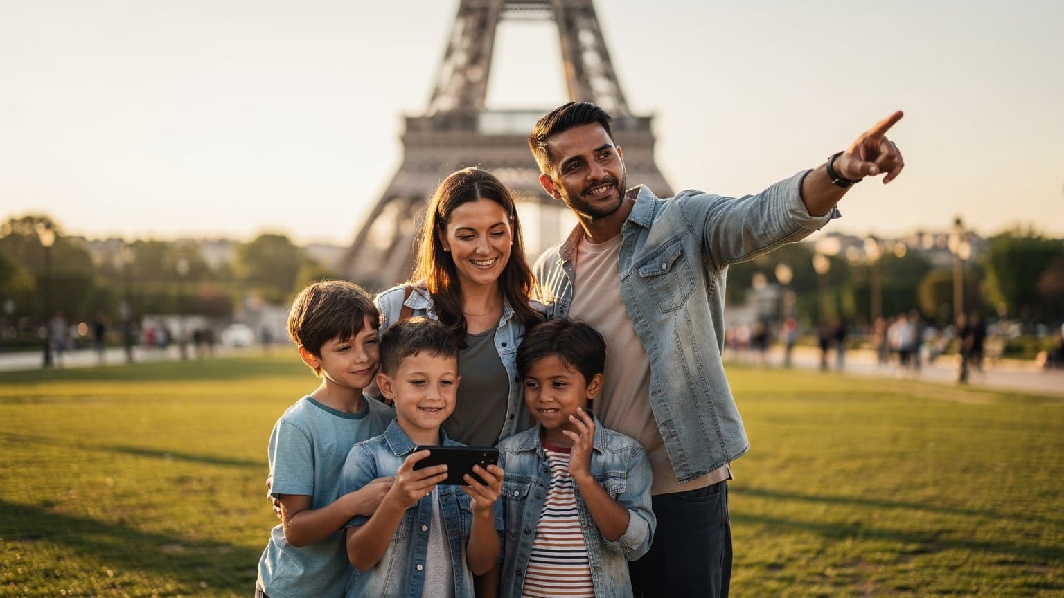 A family, including two children, standing in front of the Eiffel Tower in Paris, looking at their phones for directions, with a joyful and slightly overwhelmed expression.